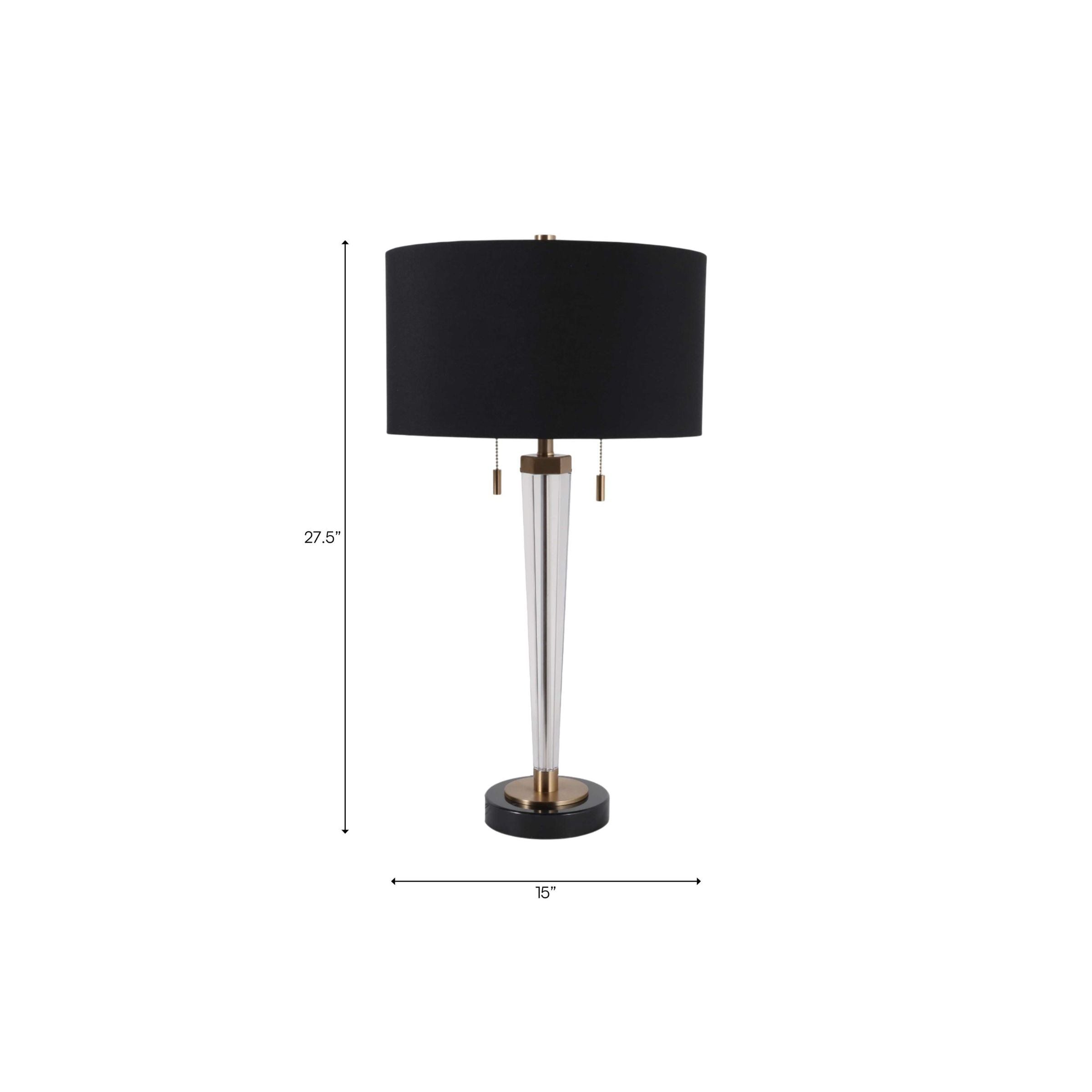 Black and gold table lamp with dimensions 27.5 inches tall and 15 inches wide.