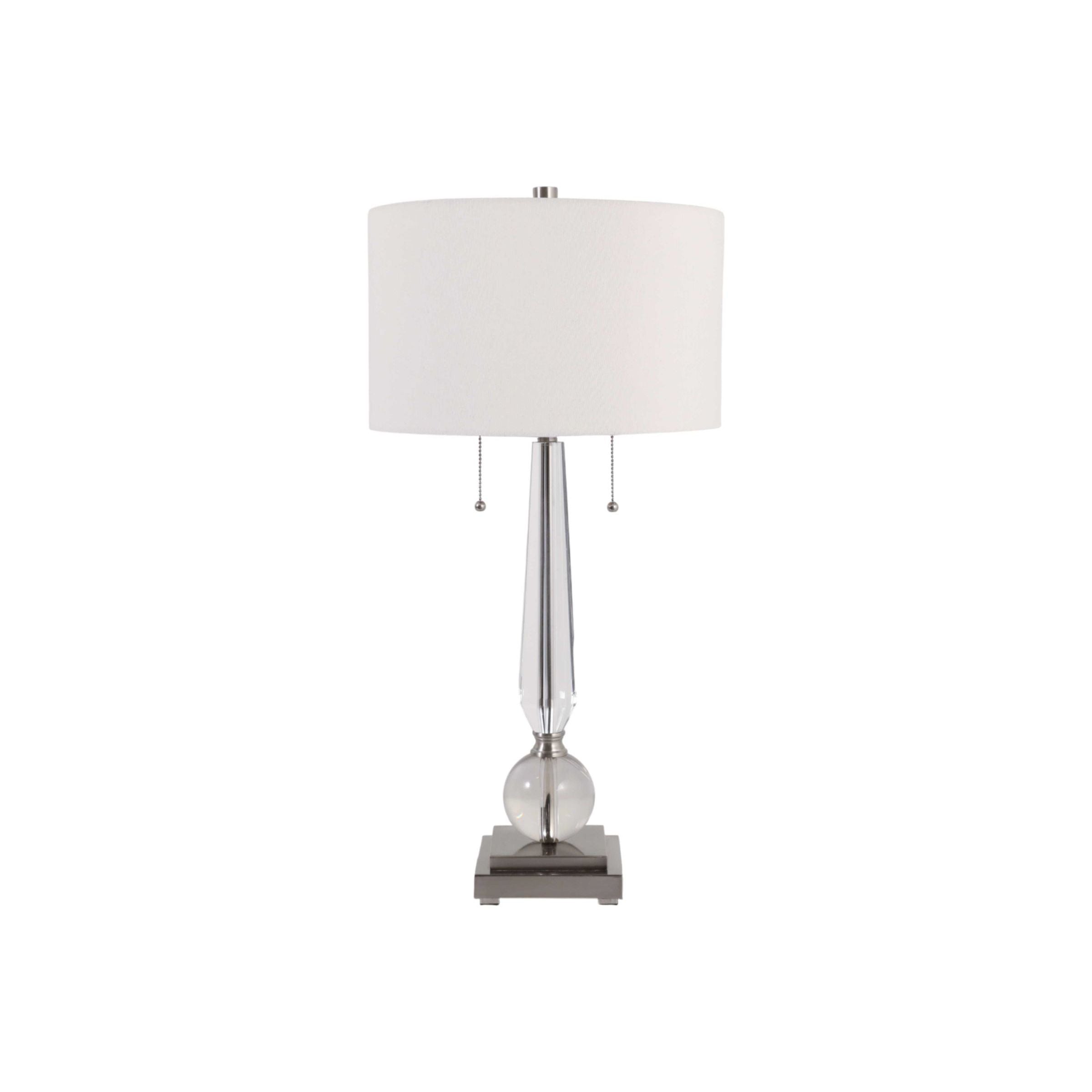 Modern table lamp with a clear glass base and white drum shade.