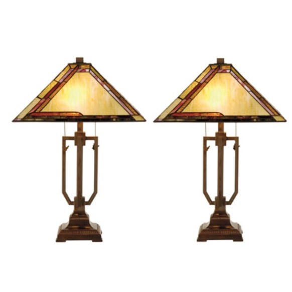 Pair of Amber, Burgandy, and Green Tiffany-Style Glass Table Lamps 25"H