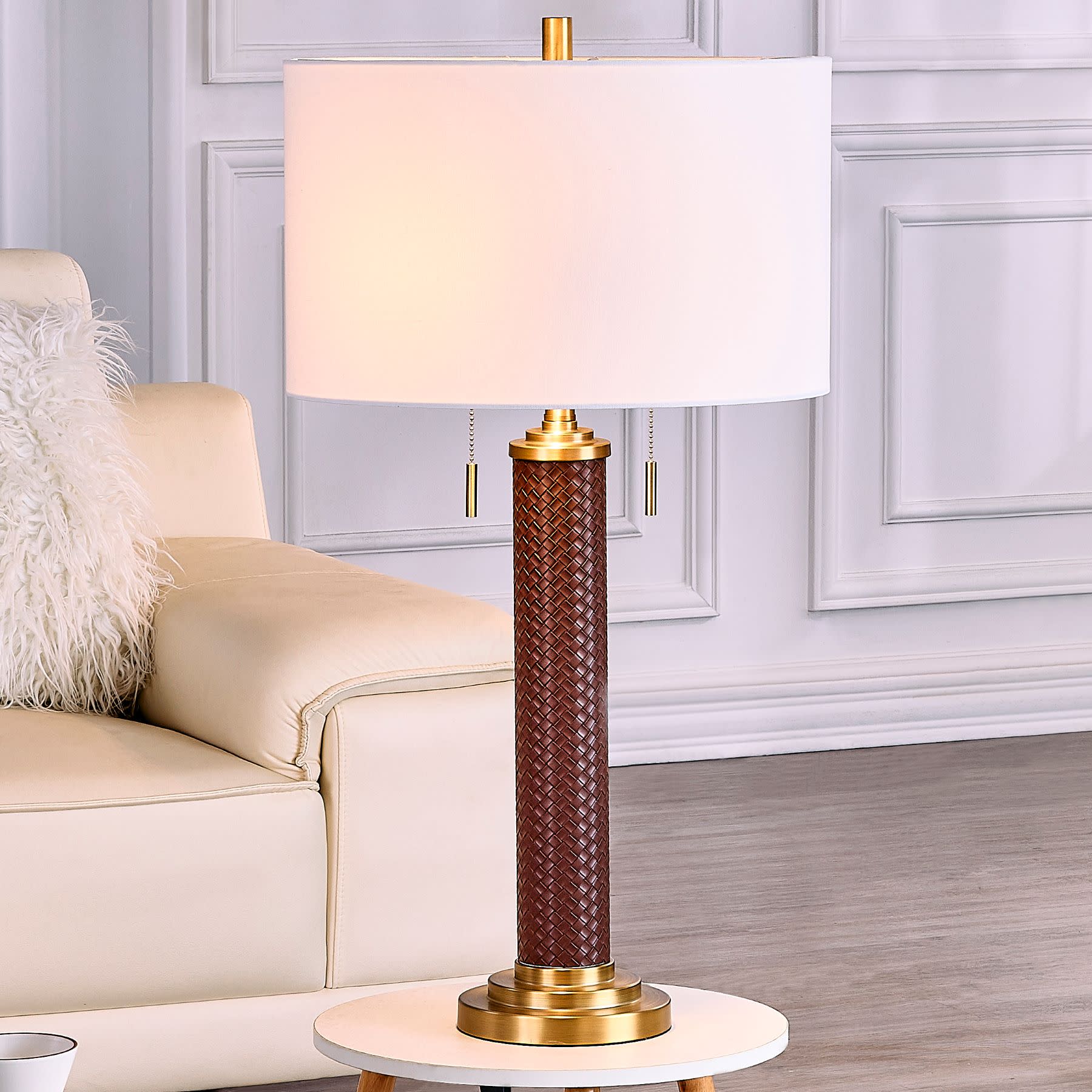 Brown Leather Column Table Lamp 32.5"H