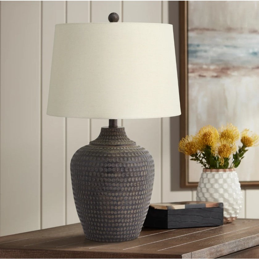 Brown Faux Wood Hammered Look Table Lamp 25.5"H