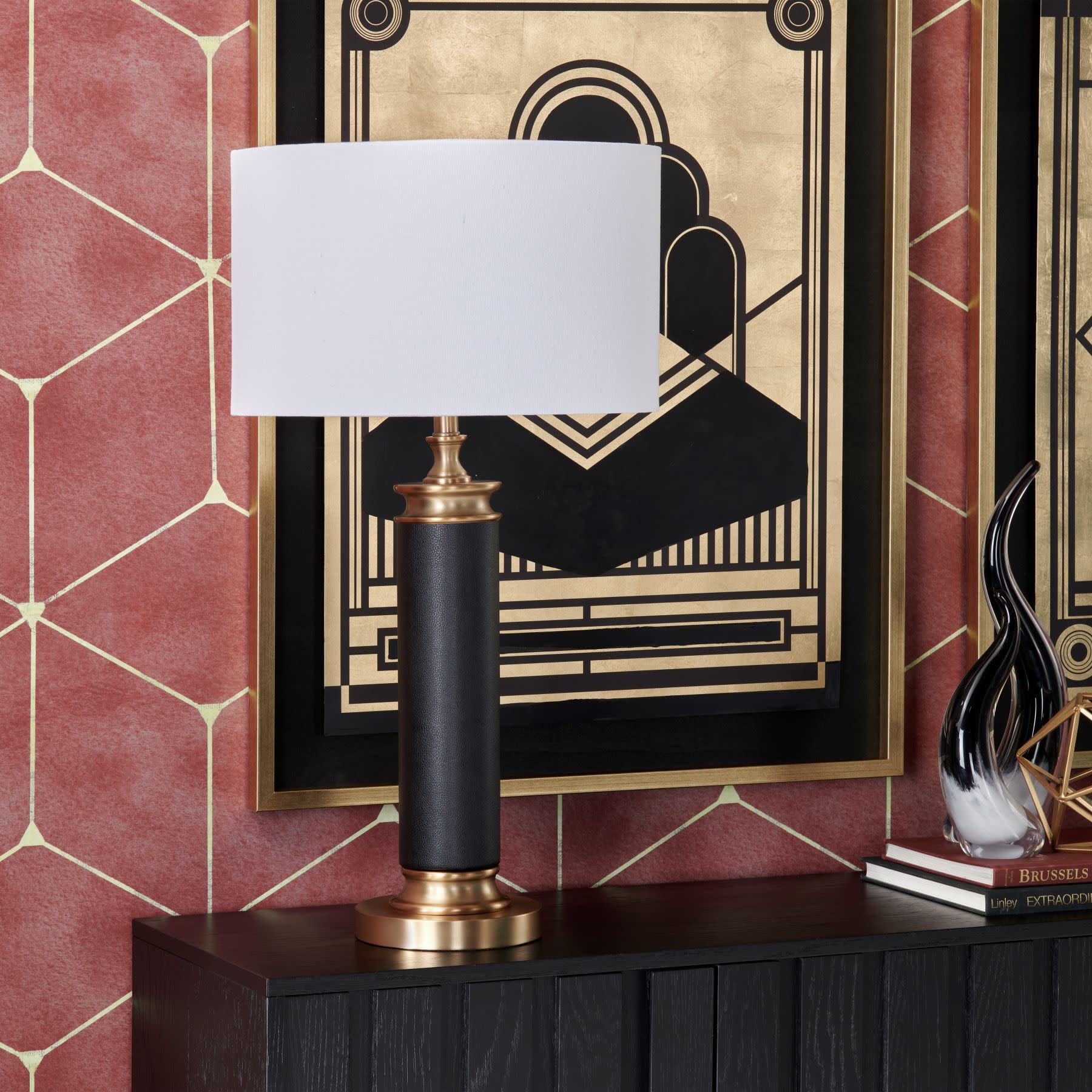 Black Leather Column Table Lamp 31"H