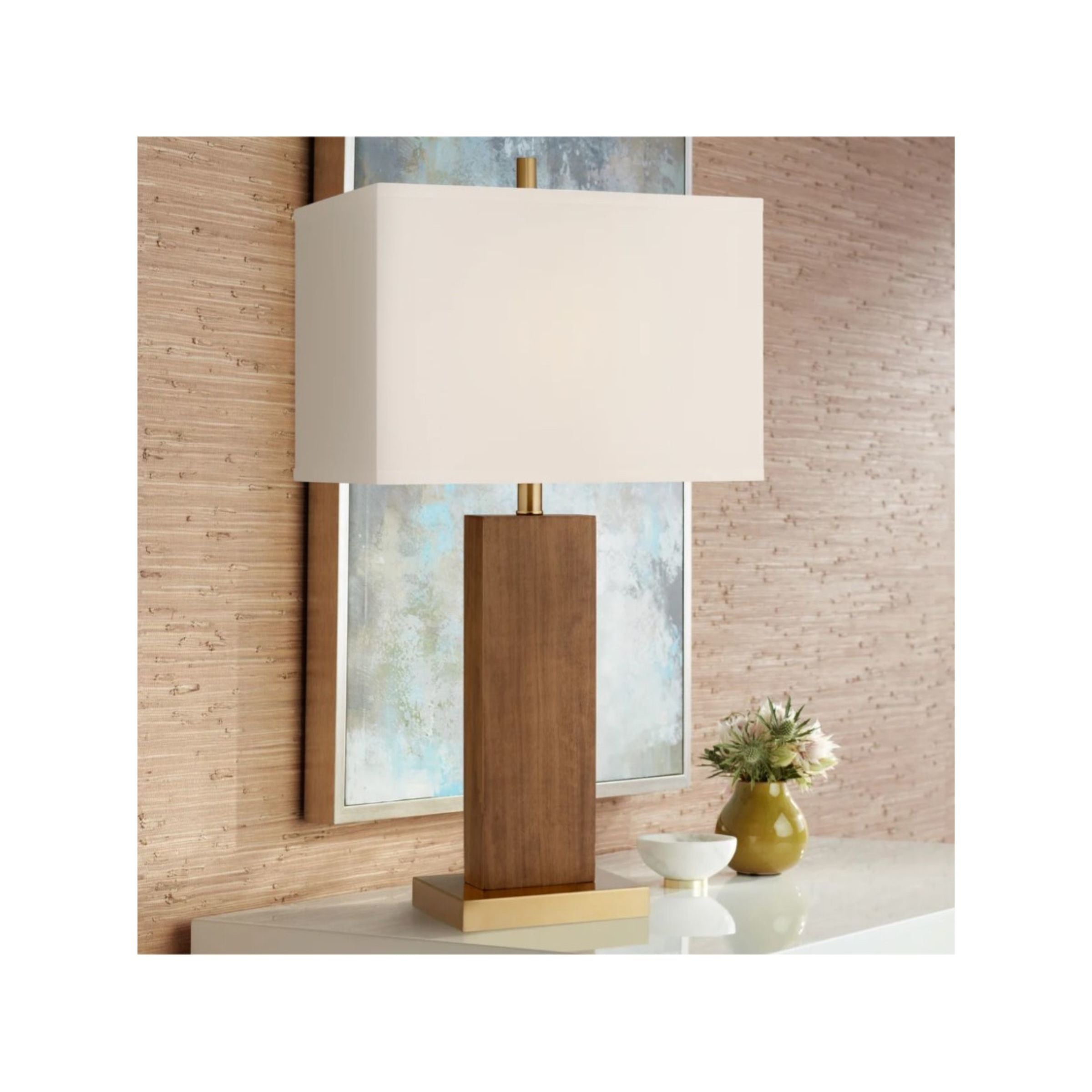 Wood and Brass Column USB Table Lamp 29"H