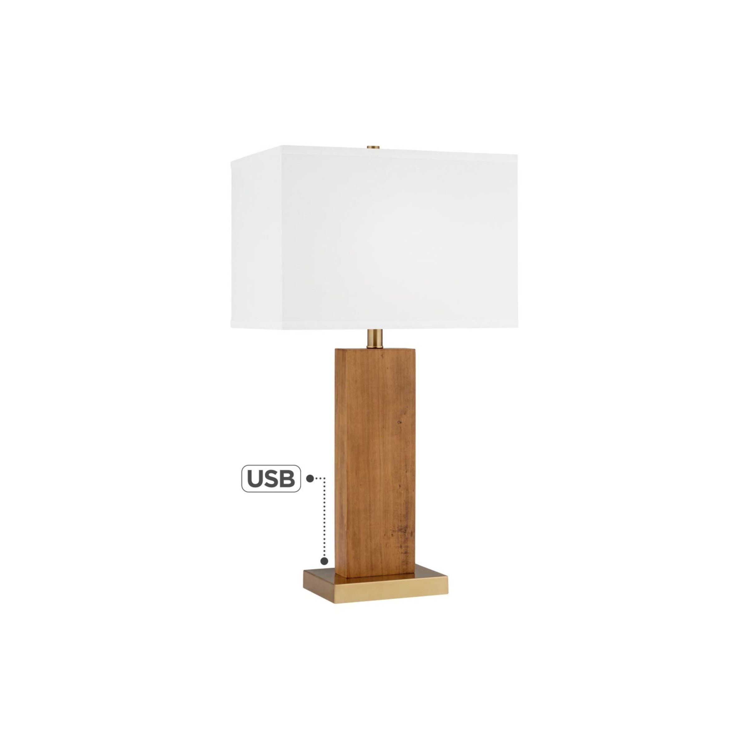Wood and Brass Column USB Table Lamp 29"H