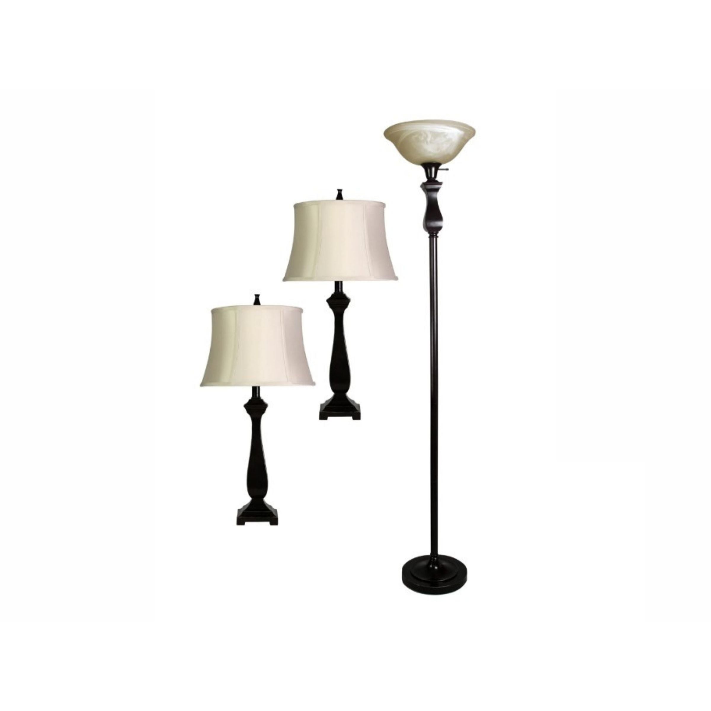 Set of 3 Bronze Lamps - 2 Table Lamps plus 1 Torchiere with Glass Shade 28"/70"H