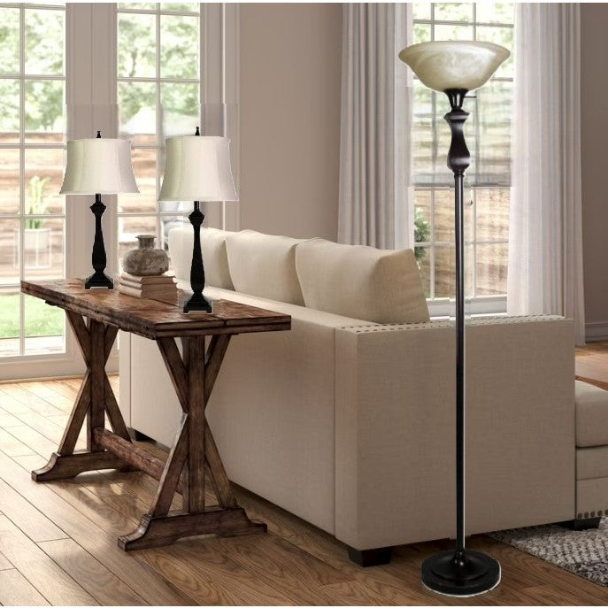 Set of 3 Bronze Lamps - 2 Table Lamps plus 1 Torchiere with Glass Shade 28"/70"H