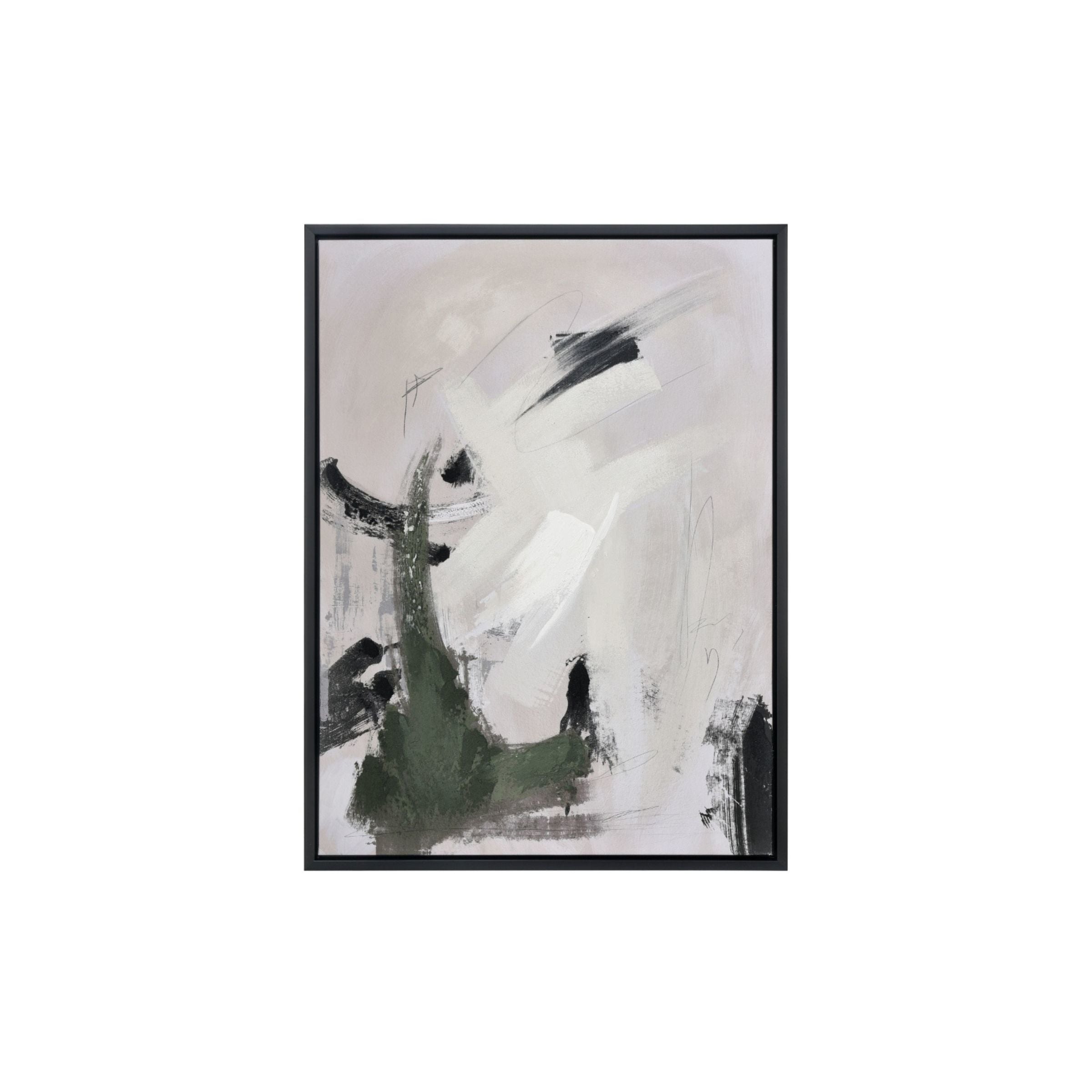 Abstract painting with black, green, and white brushstrokes on a light background in a black frame.