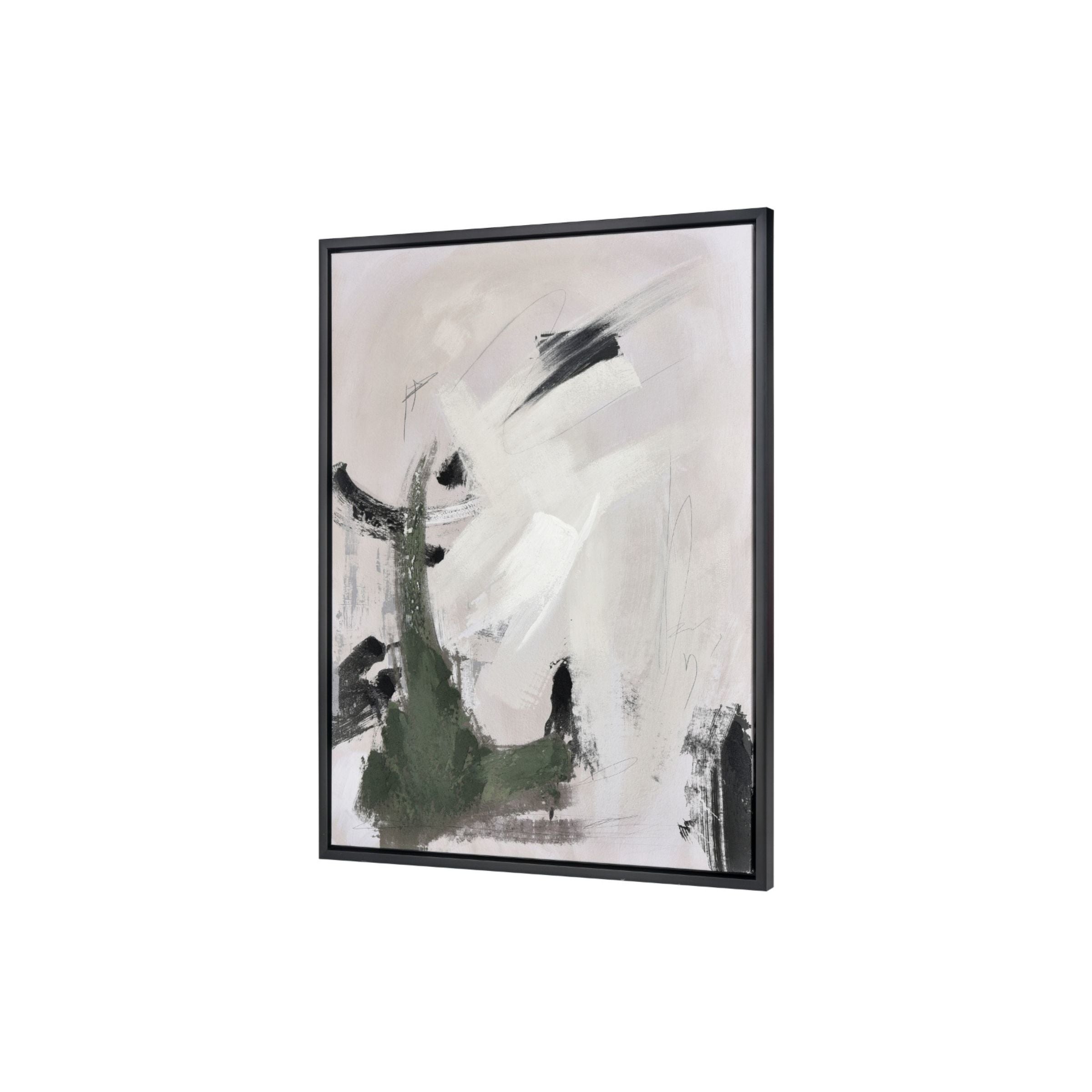 Framed abstract painting with black, white, and green brush strokes on a light background.