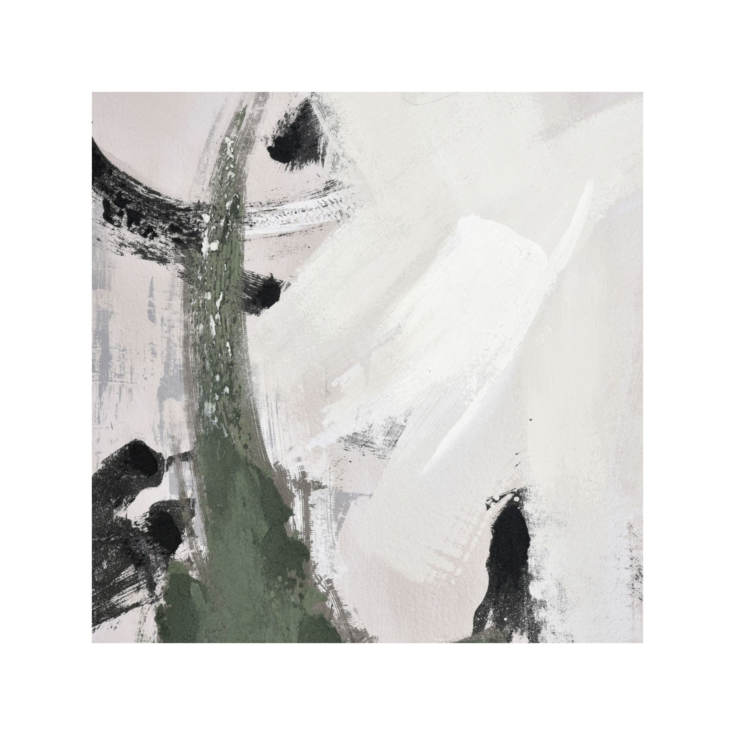 Abstract painting with white, gray, green, and black brushstrokes.
