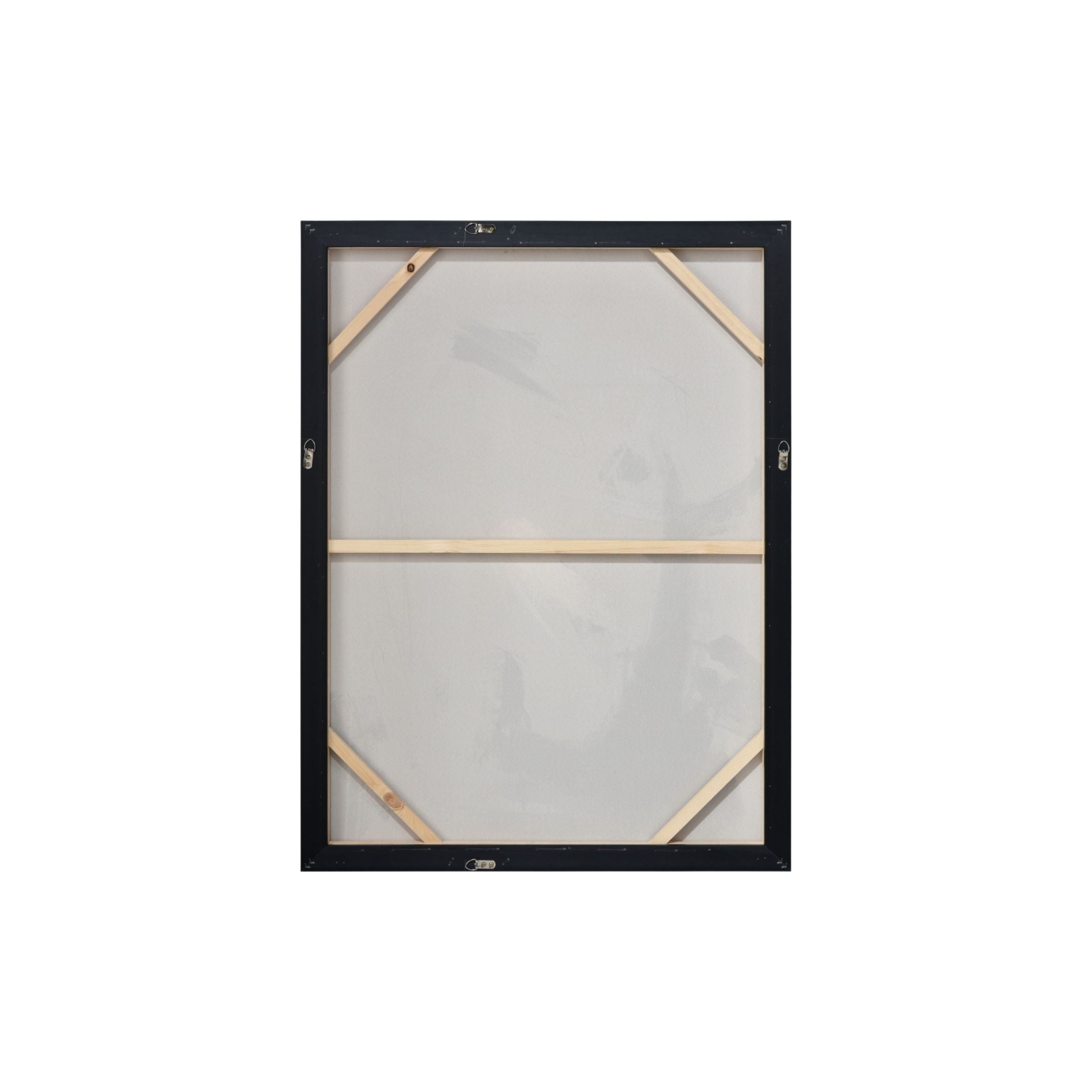 Back of a framed canvas with wooden support bars and hanging hardware.