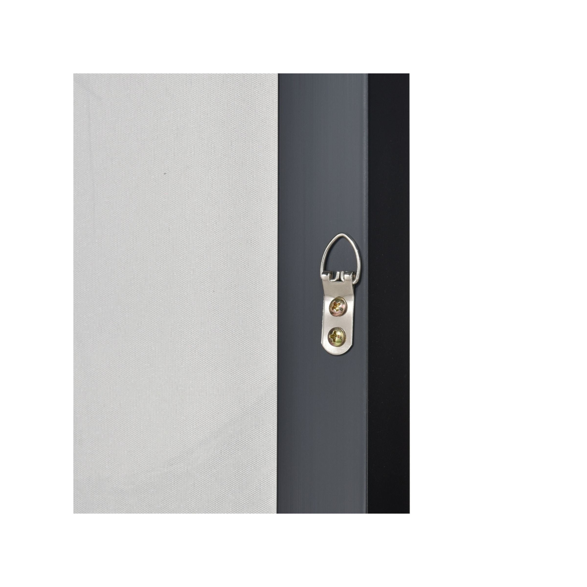 Close-up of a picture frame hanging hardware on the side of a canvas.