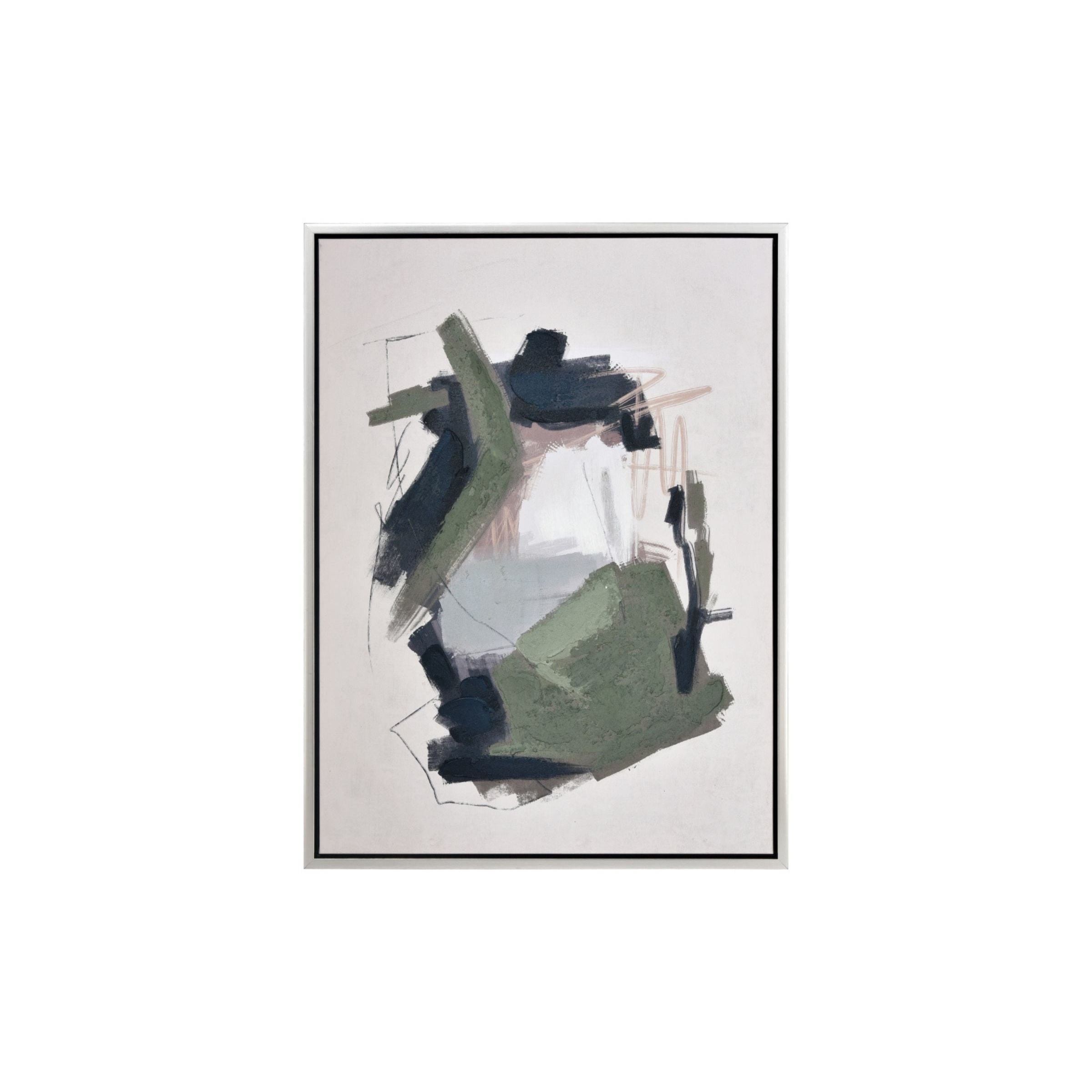 Abstract painting with green, black, and gray brushstrokes on a white background.