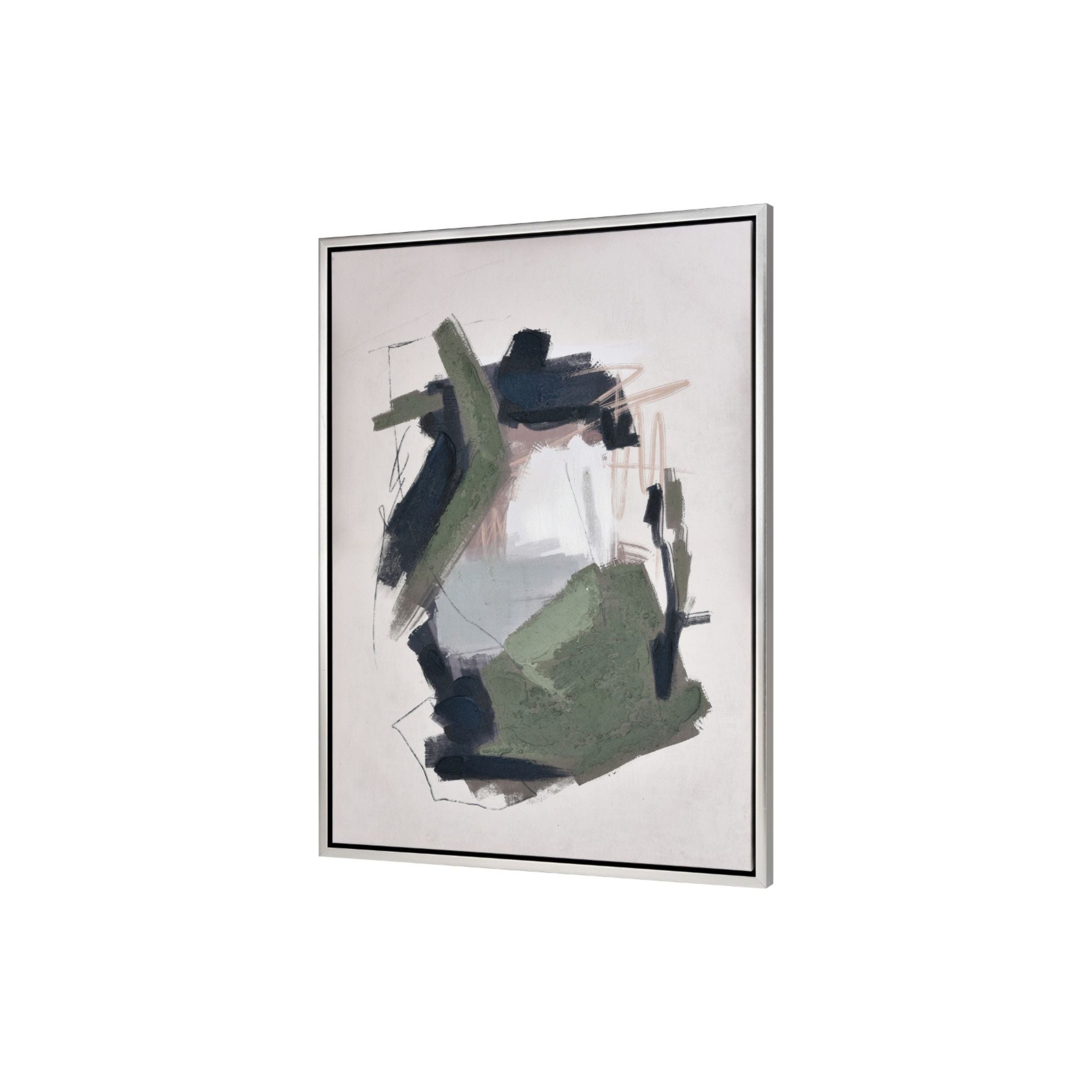 Framed abstract painting with bold green and black brushstrokes on a light background.