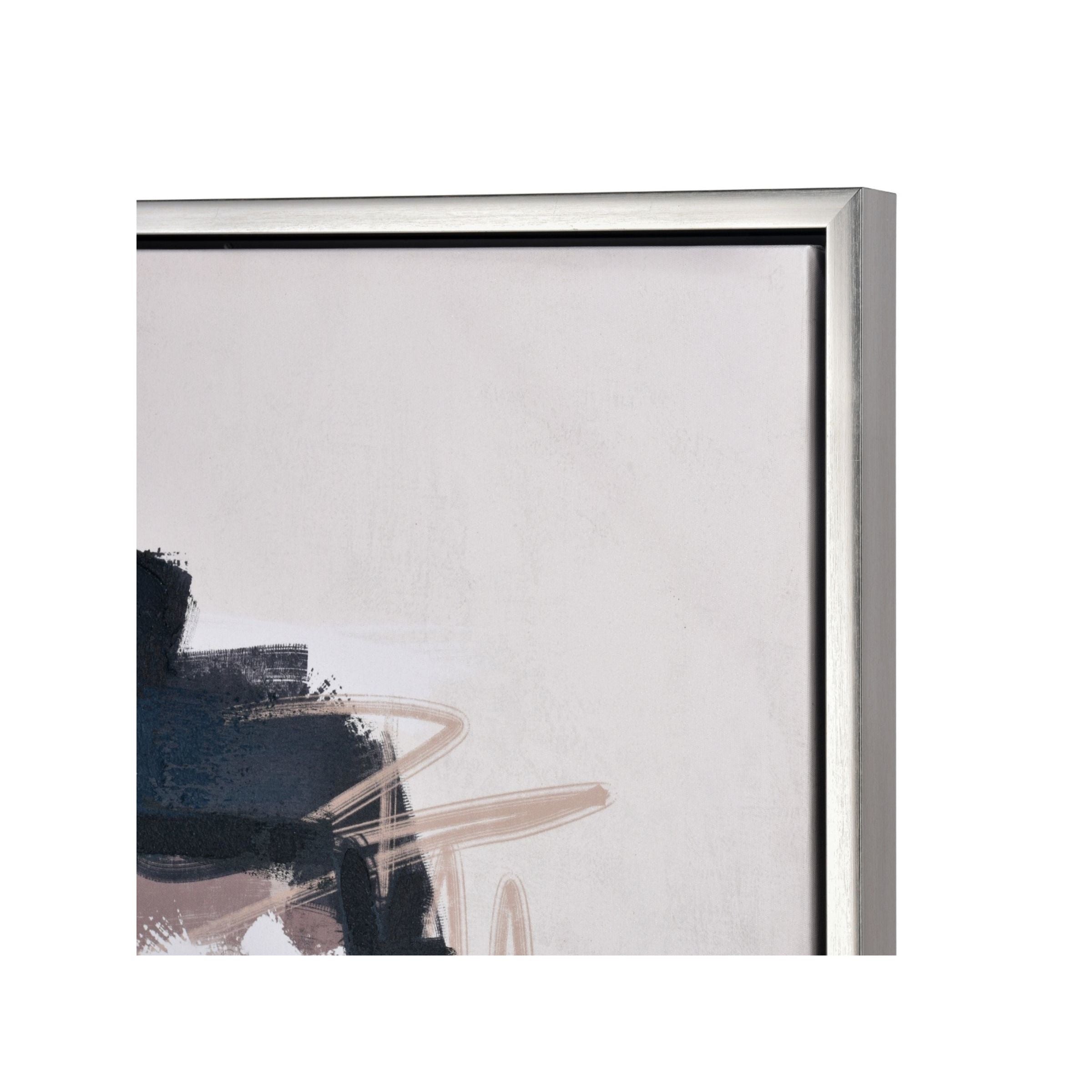 Close-up of a modern painting with abstract brushstrokes and a silver frame.