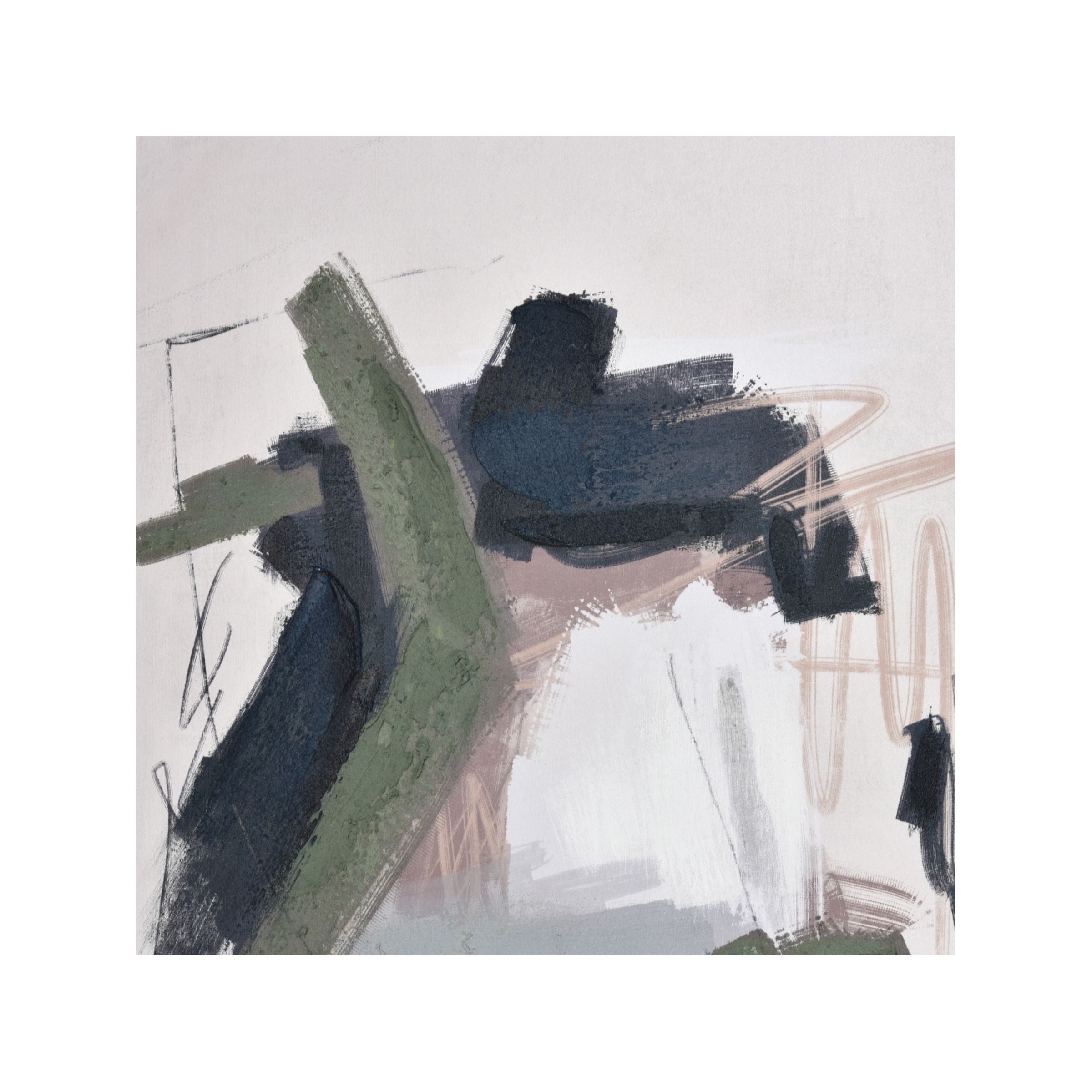 Abstract painting with bold green, black, and beige brush strokes on a white background.