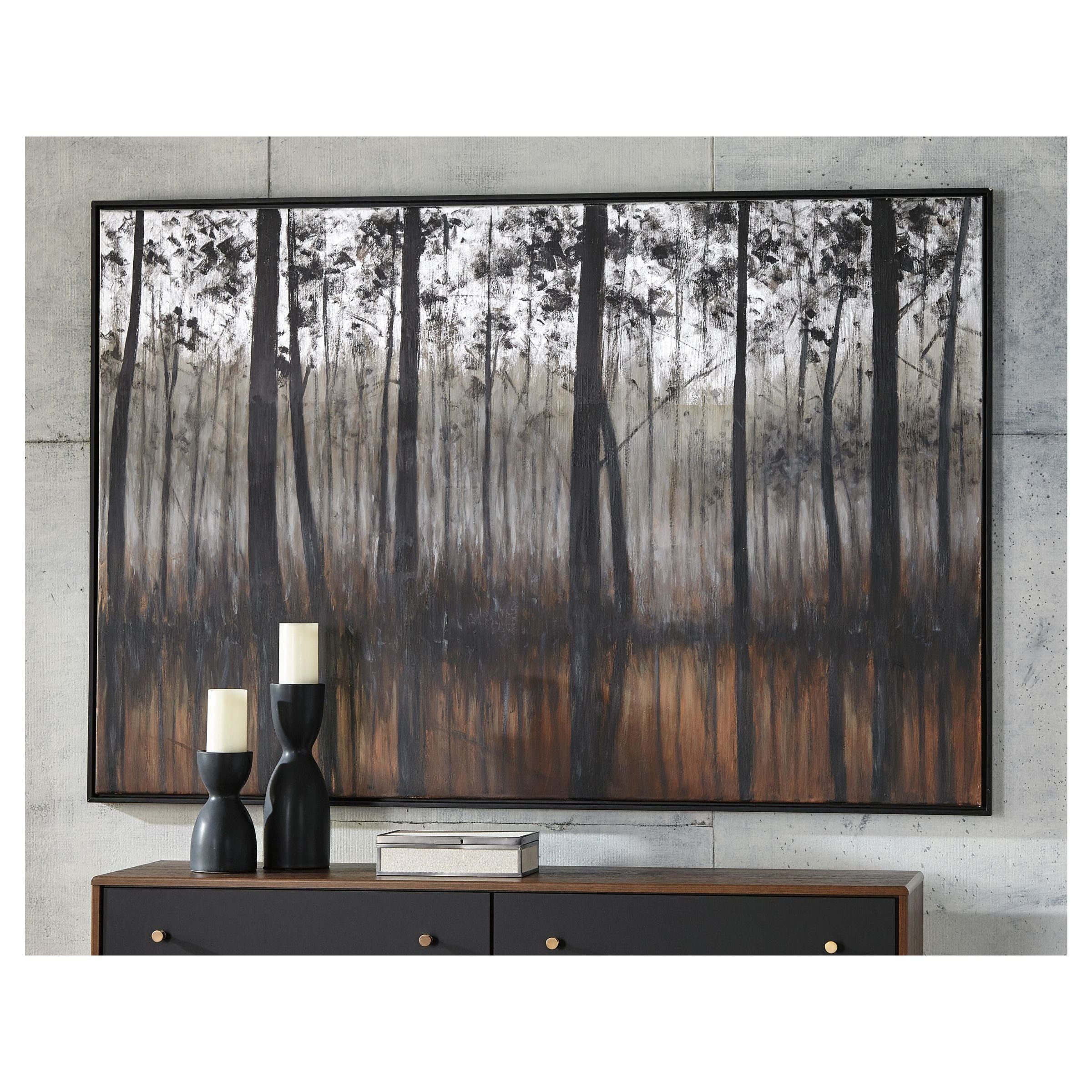 Black, Silver, and Orange Tree Framed Painting 72"W x 48"H