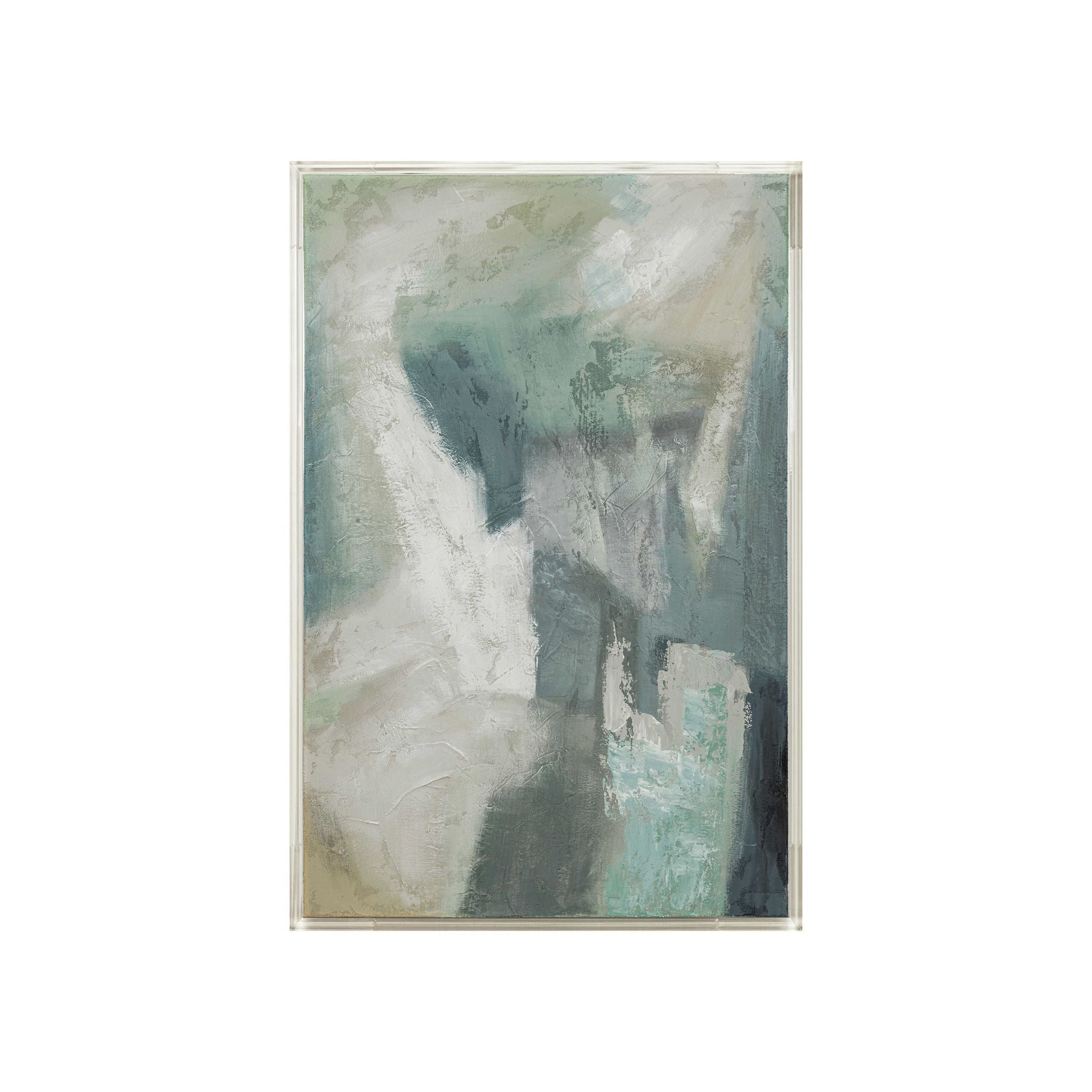Abstract painting with soft green, gray, and white brushstrokes in a vertical frame.