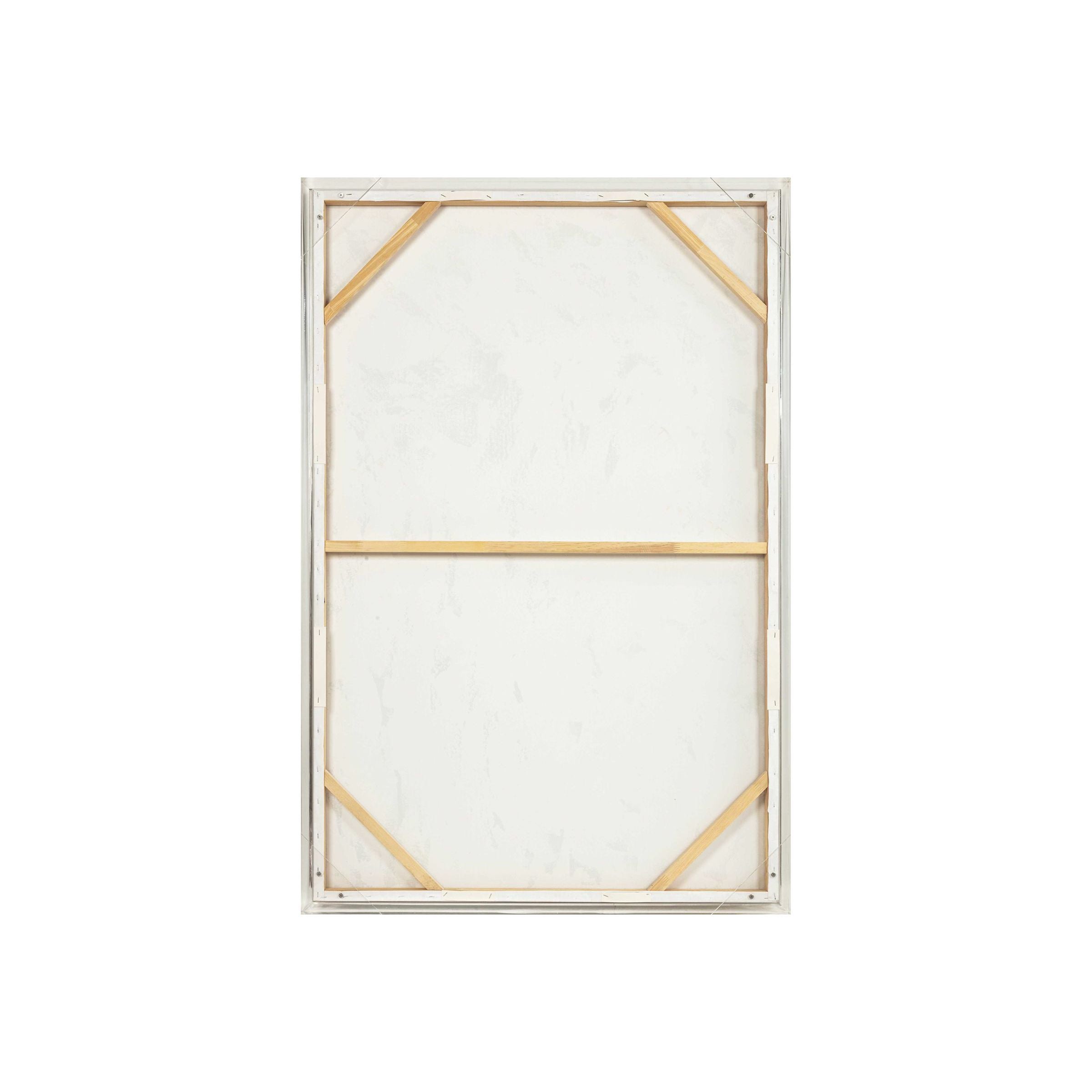 Back of a stretched canvas with wooden frame supports.