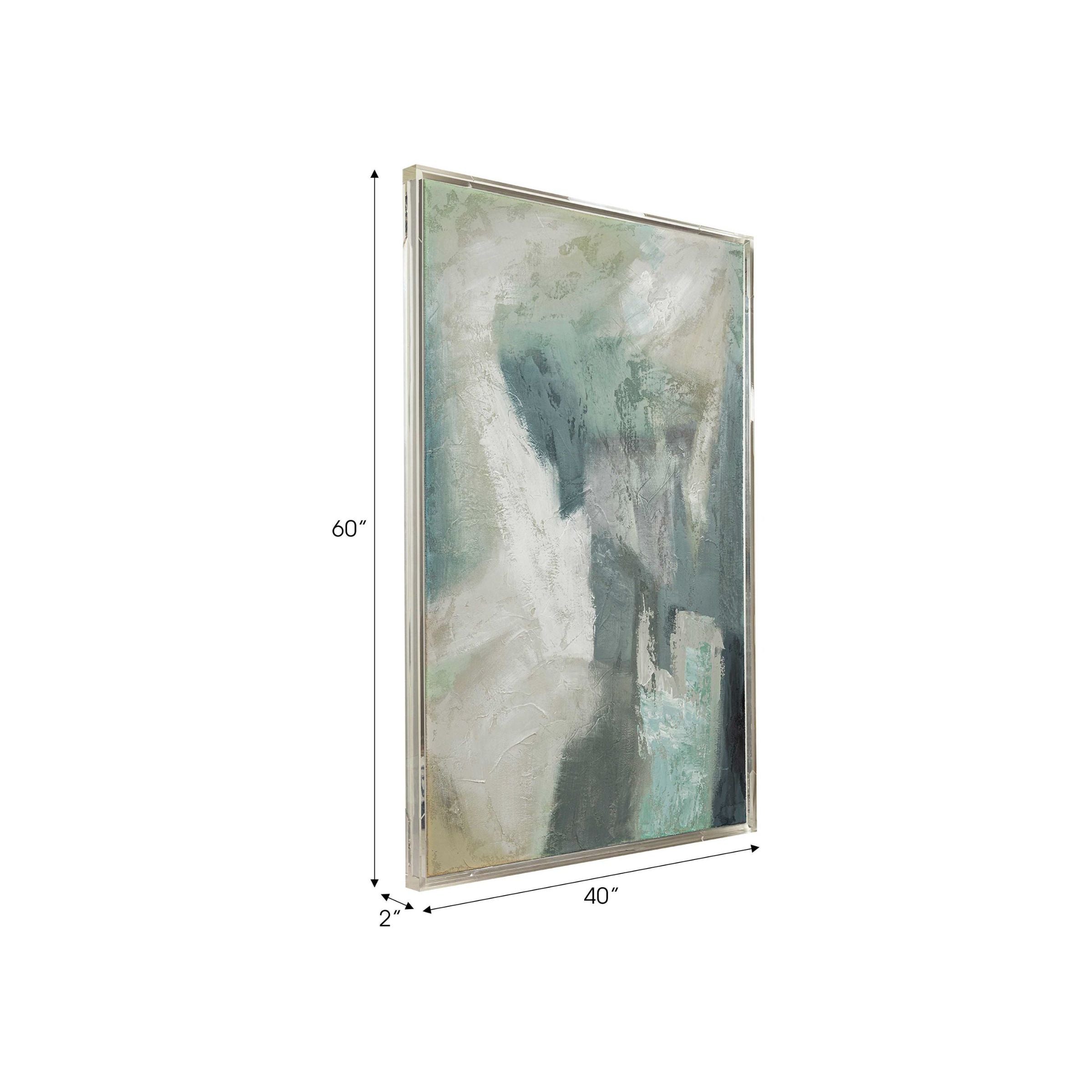 Abstract painting with cool tones, angled to show dimensions of 60 by 40 by 2 inches.