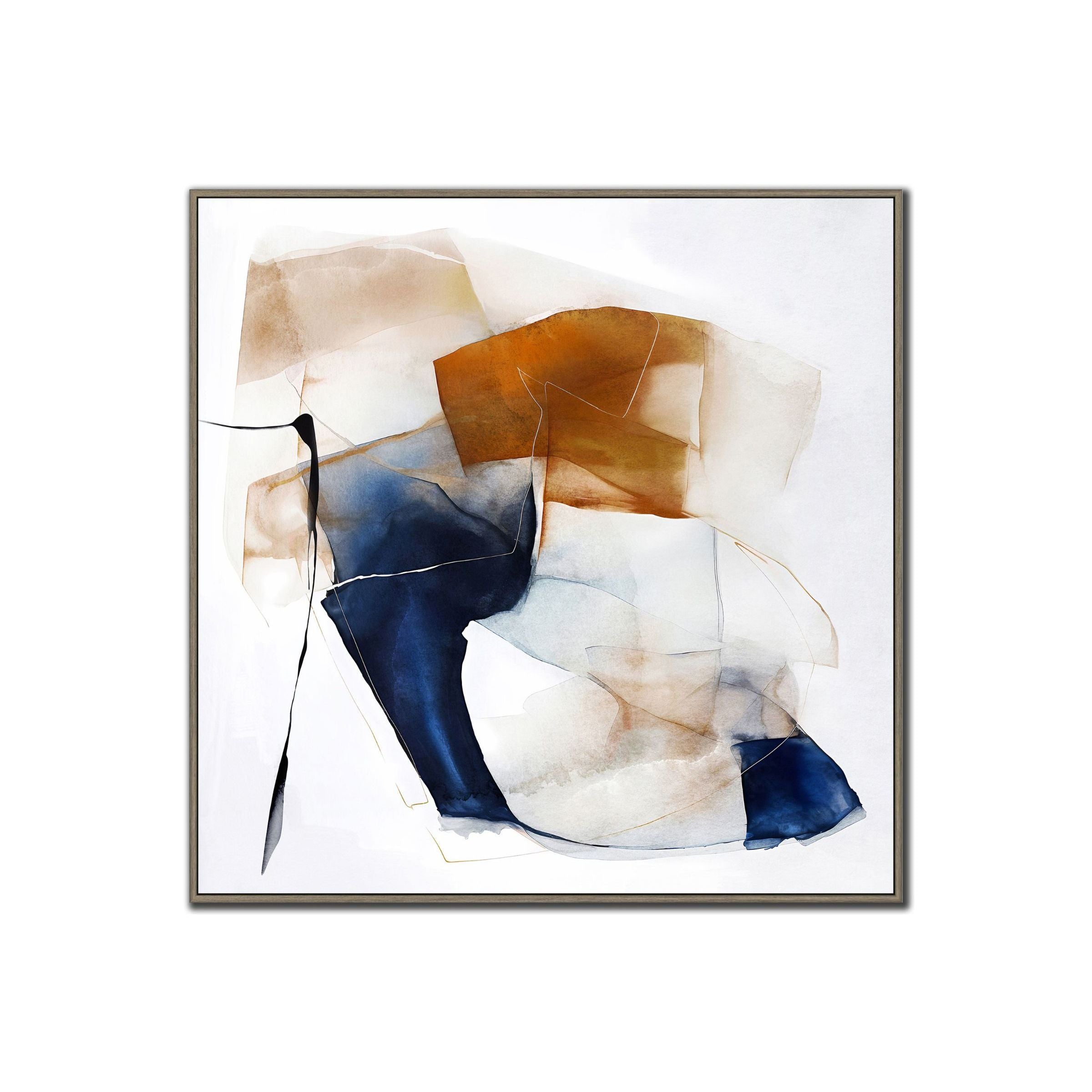 Abstract painting with layered shapes in blue, brown, and beige on a white background.