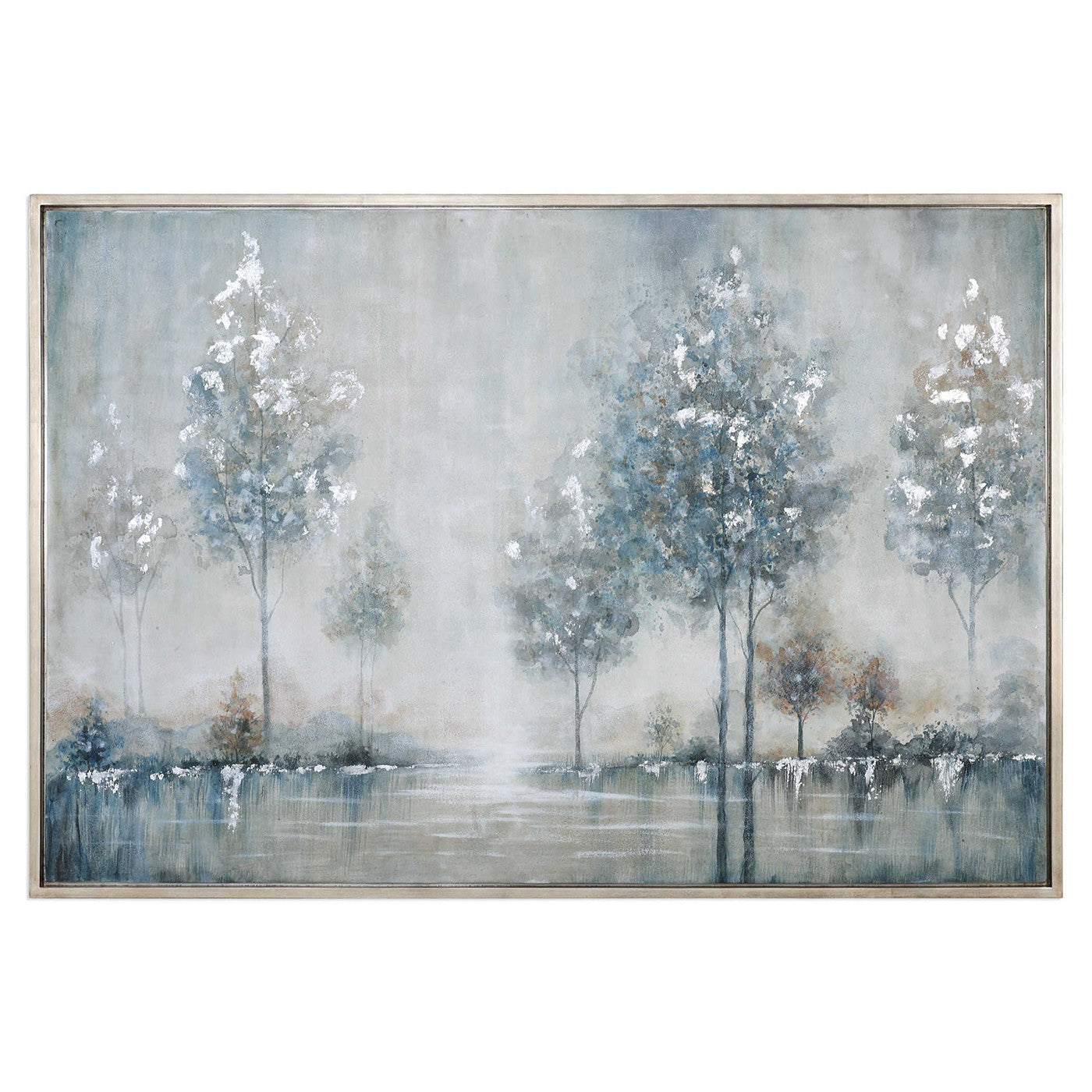 Blue and Silver Trees Hand Painted Framed Canvas Art 61"W x 41"H