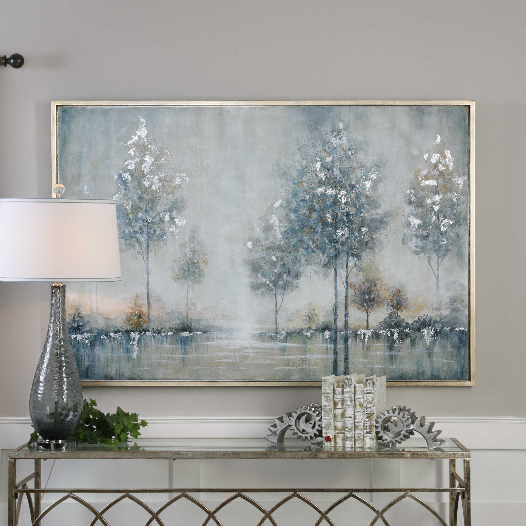 Blue and Silver Trees Hand Painted Framed Canvas Art 61"W x 41"H