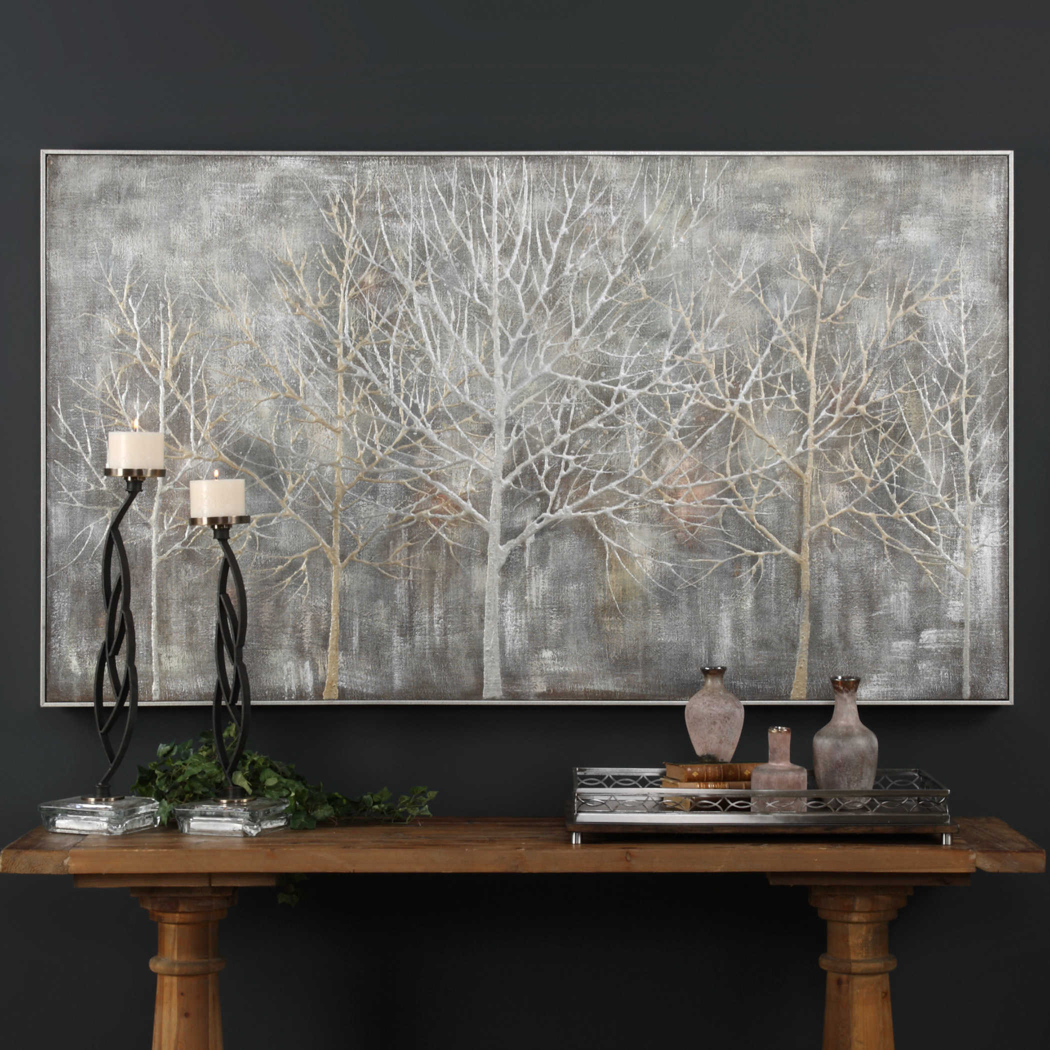 Silver and Gold Hand Painted Trees Framed Canvas Art 73"W x 41"H