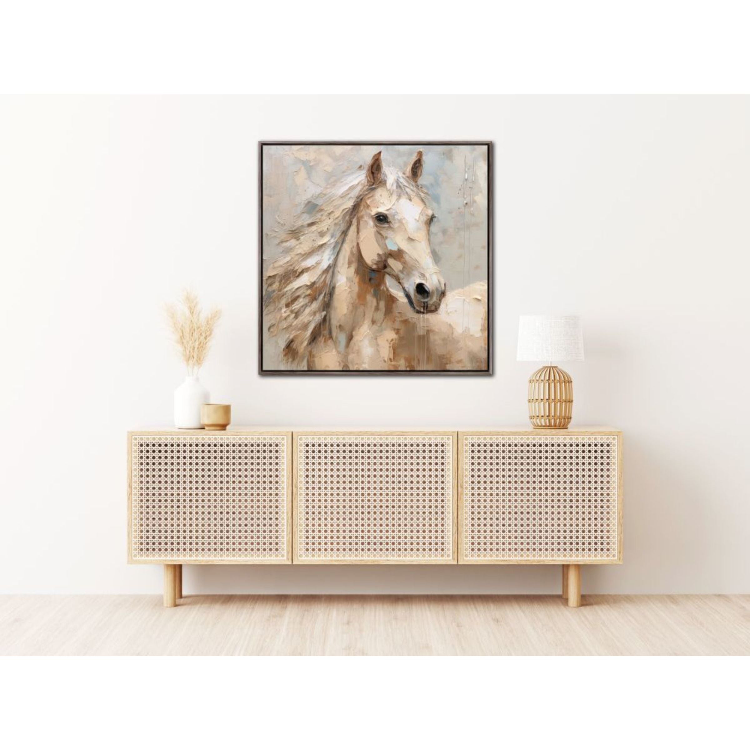 Cream Horse Hand Embellished Framed Canvas 32"W x 32"H