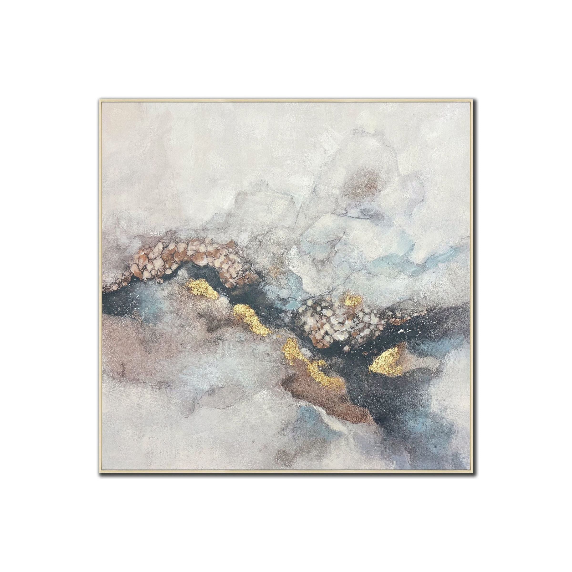 Abstract wall art with neutral tones and gold accents in a modern style.