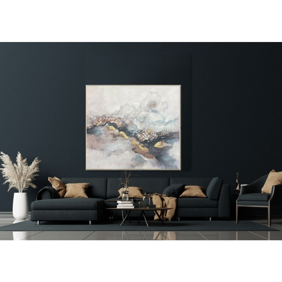 Abstract art painting above a dark sofa in a modern living room.