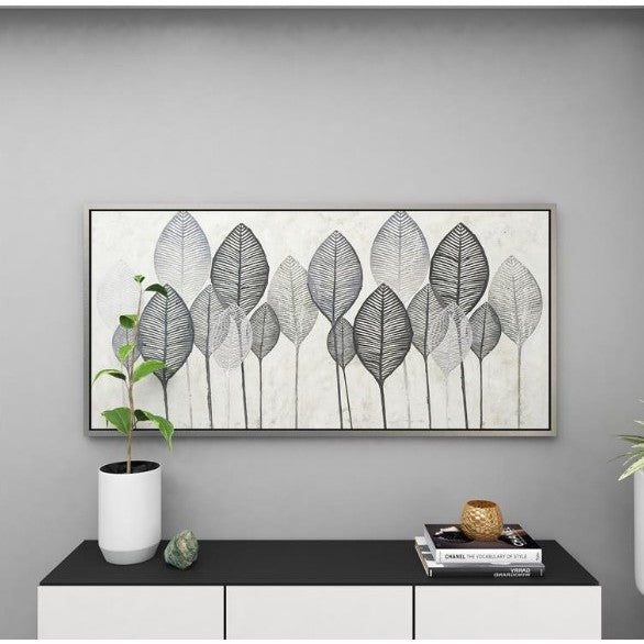 Black, White, and Grey Leaves Framed Canvas Art 55"W x 27"H