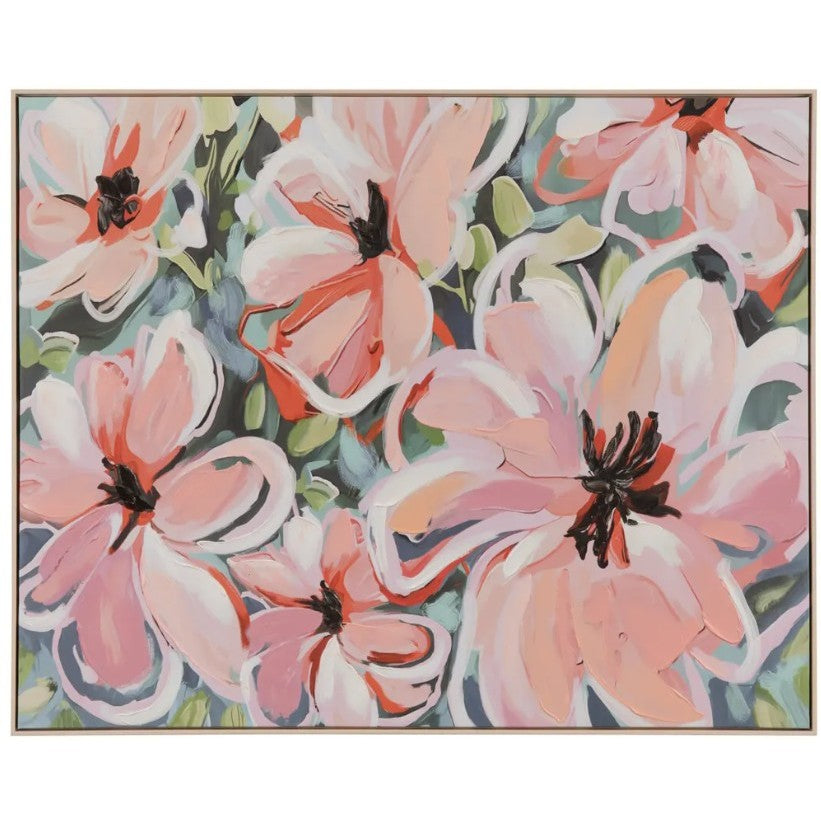 Abstract painting of pink flowers with green leaves on a light background.