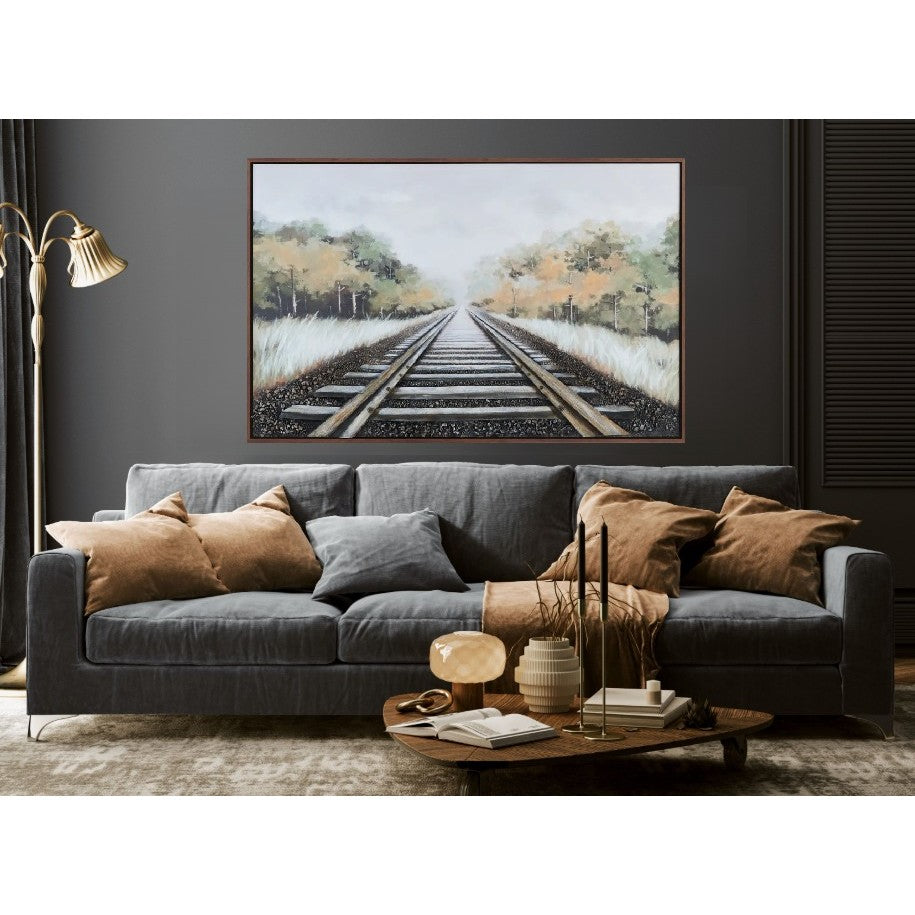 Fall Train Track Hand Painted Framed Canvas 60"W x 40"H