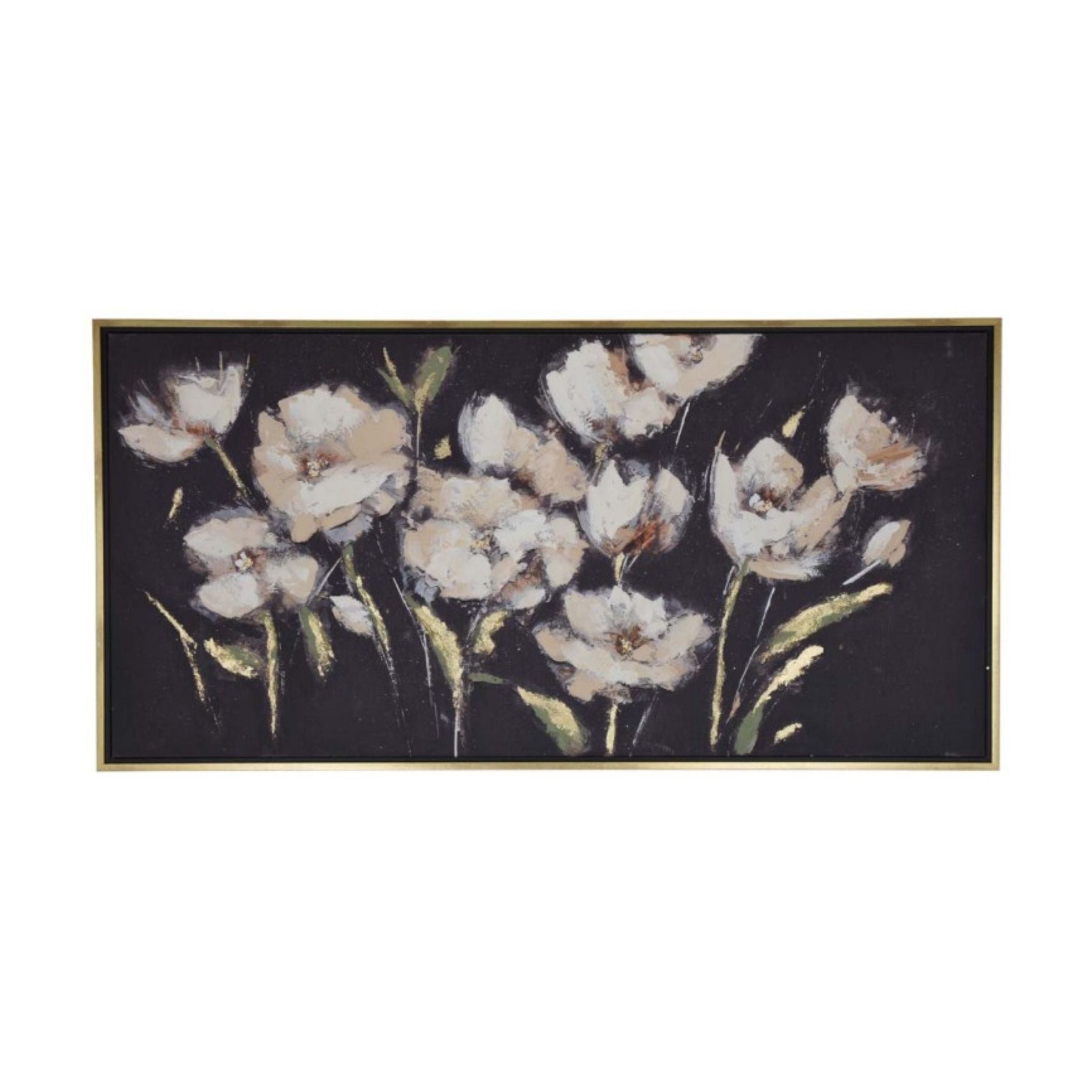 Cream Flowers with Black Canvas Framed Oil Painting 55"W x 27.5"H