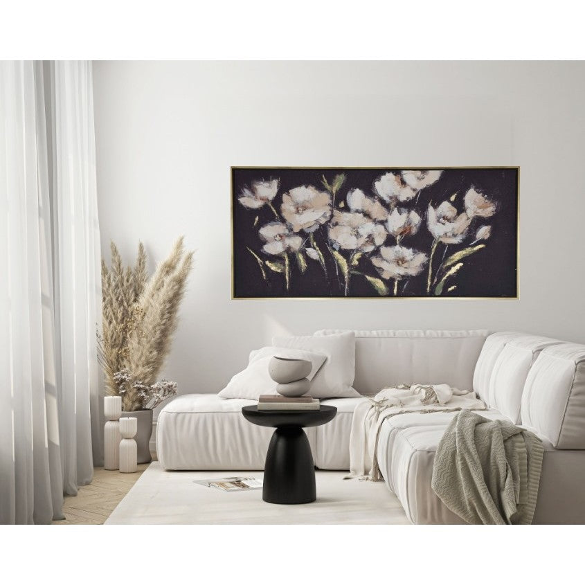 Cream Flowers with Black Canvas Framed Oil Painting 55"W x 27.5"H