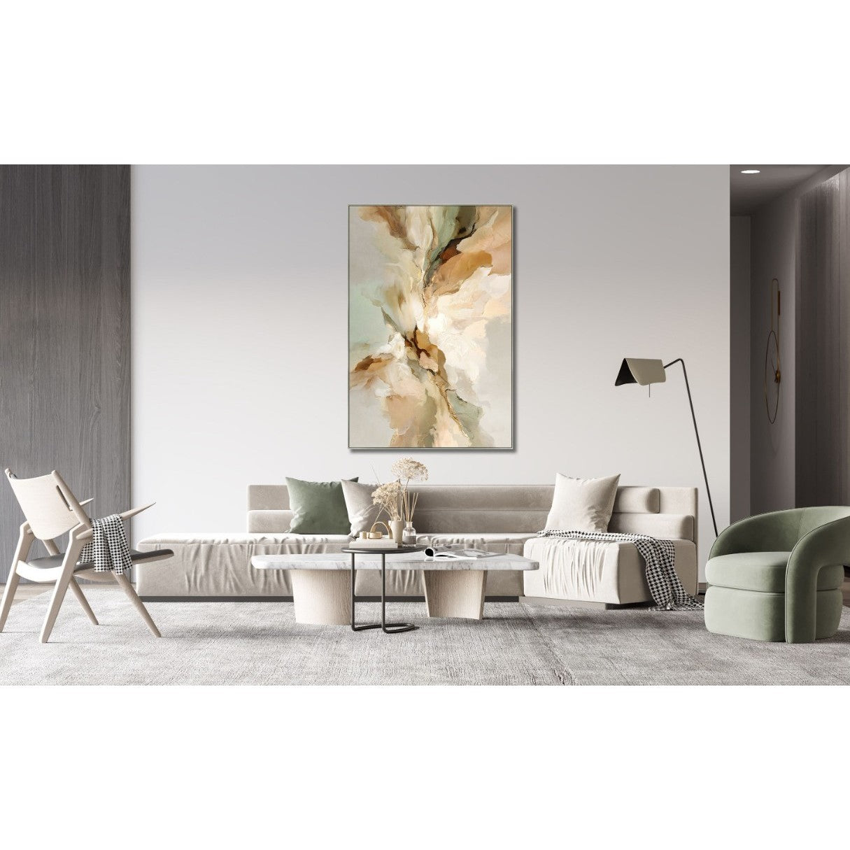 Green, Tan, and White Abstract Hand Embellished Framed Canvas 60"W x 40"H