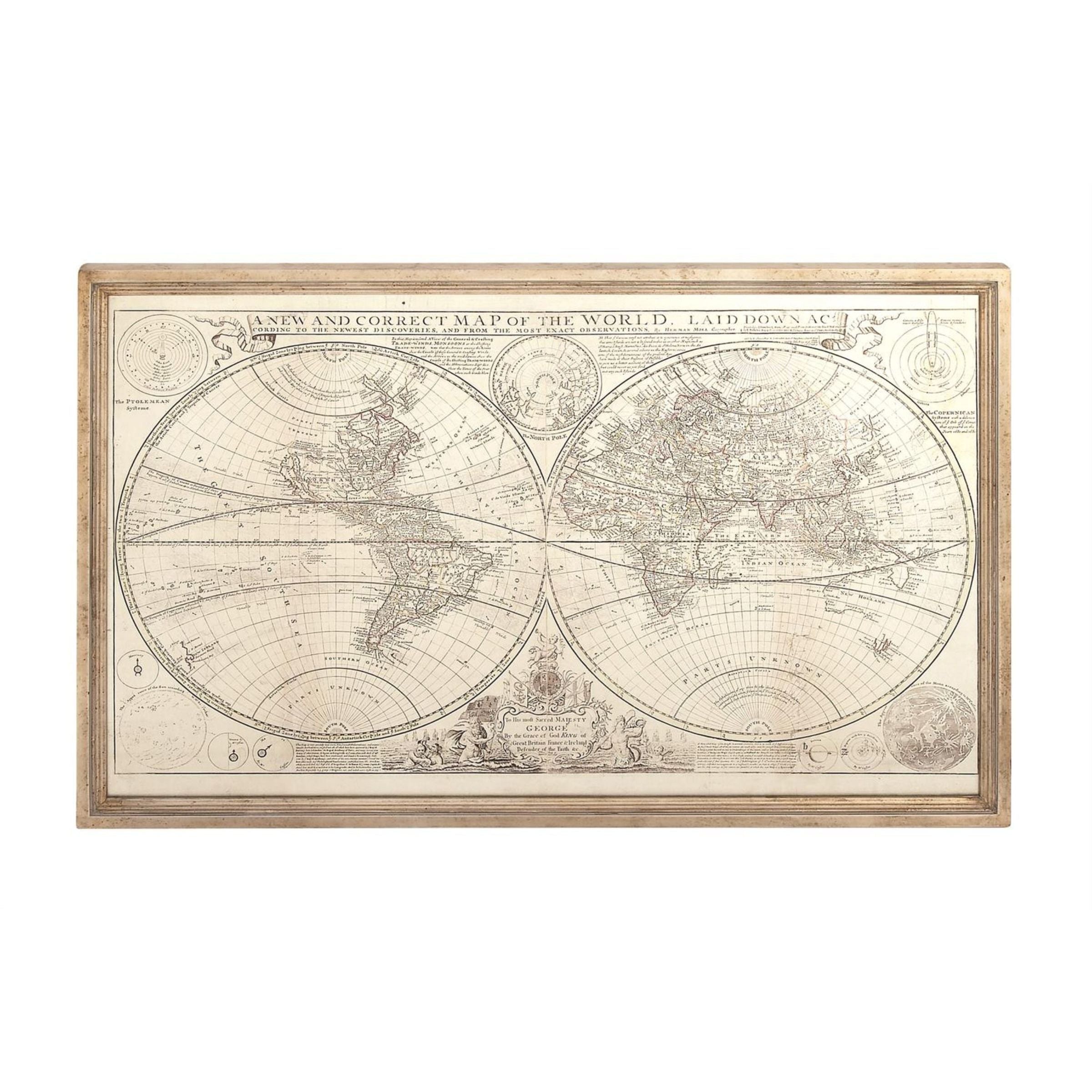 Antique-style world map with two hemispheres in a wooden frame.