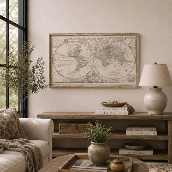 Vintage World Map Framed Canvas Art 48"W x 31"H