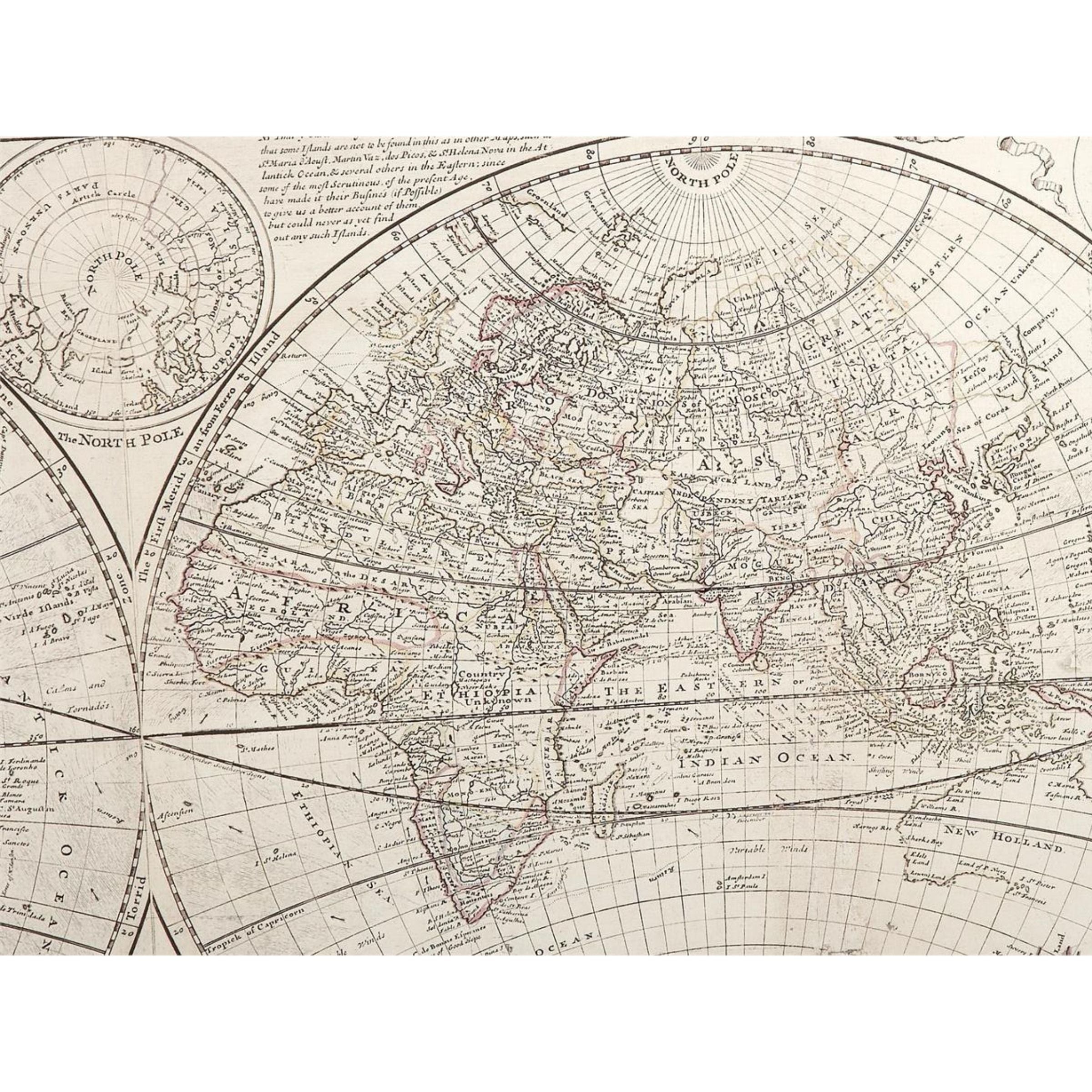 Antique world map showing Europe, Asia, and Africa with detailed place names and borders.