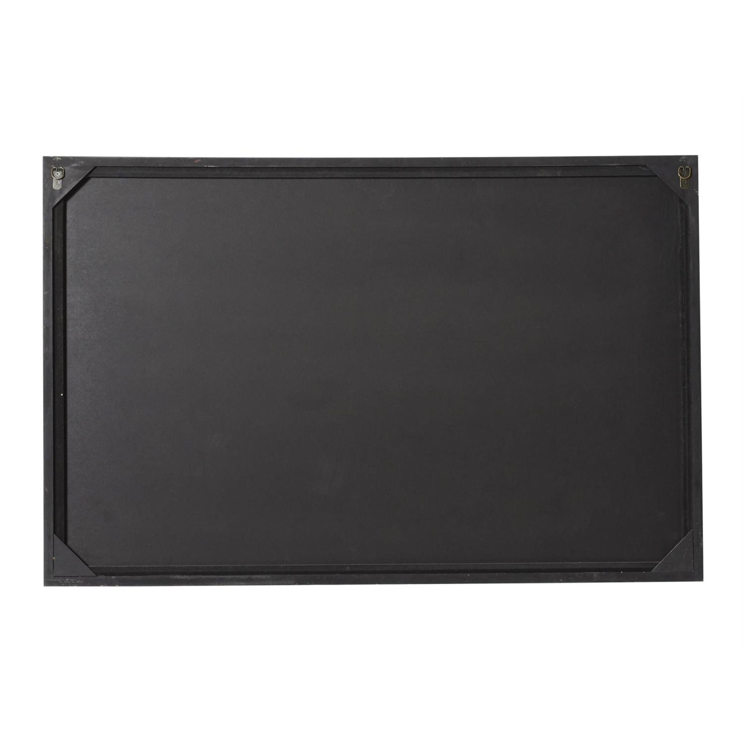 Back of a black rectangular picture frame with corner reinforcements and two hanging hooks.