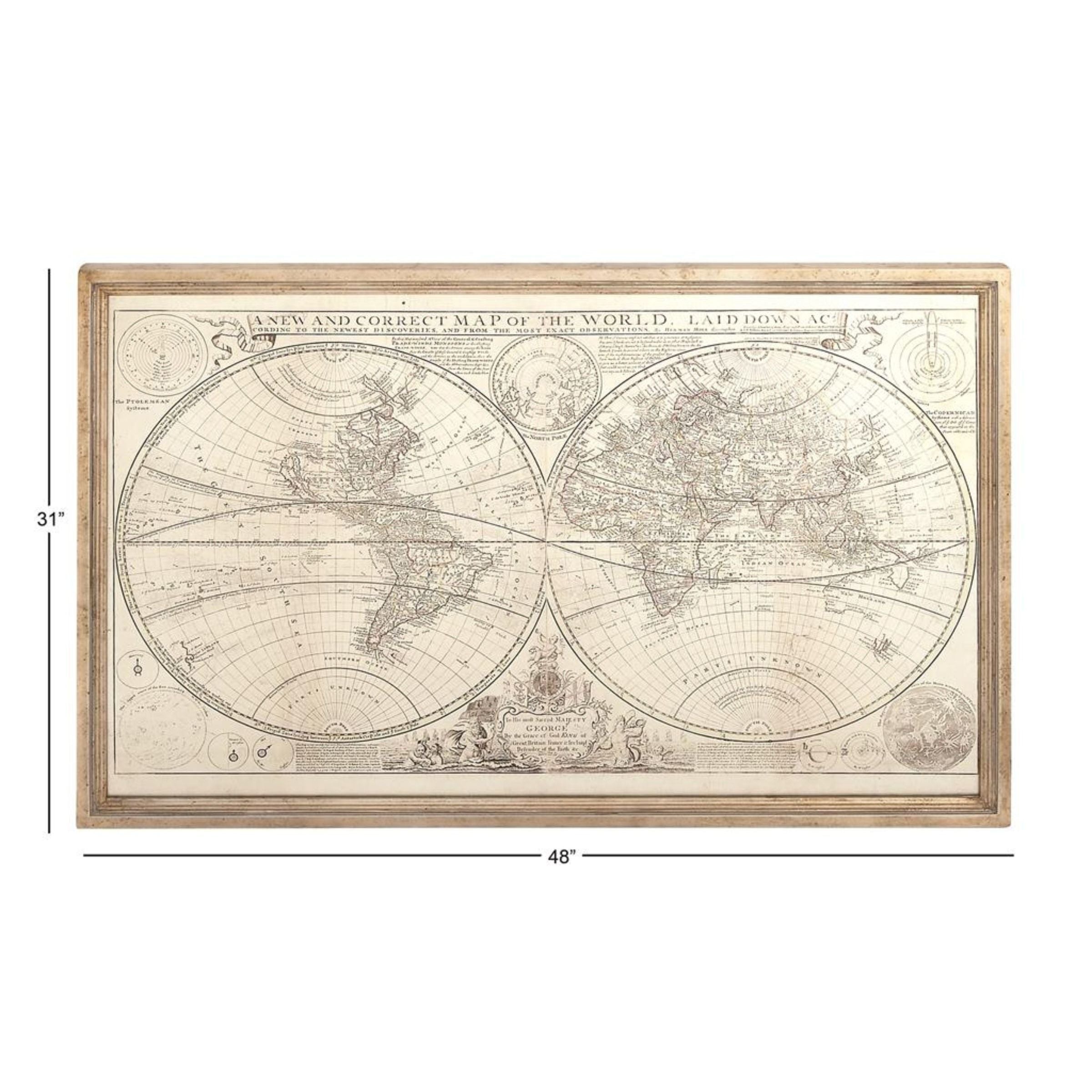Framed vintage world map with labeled latitude and longitude, 31 inches by 48 inches.