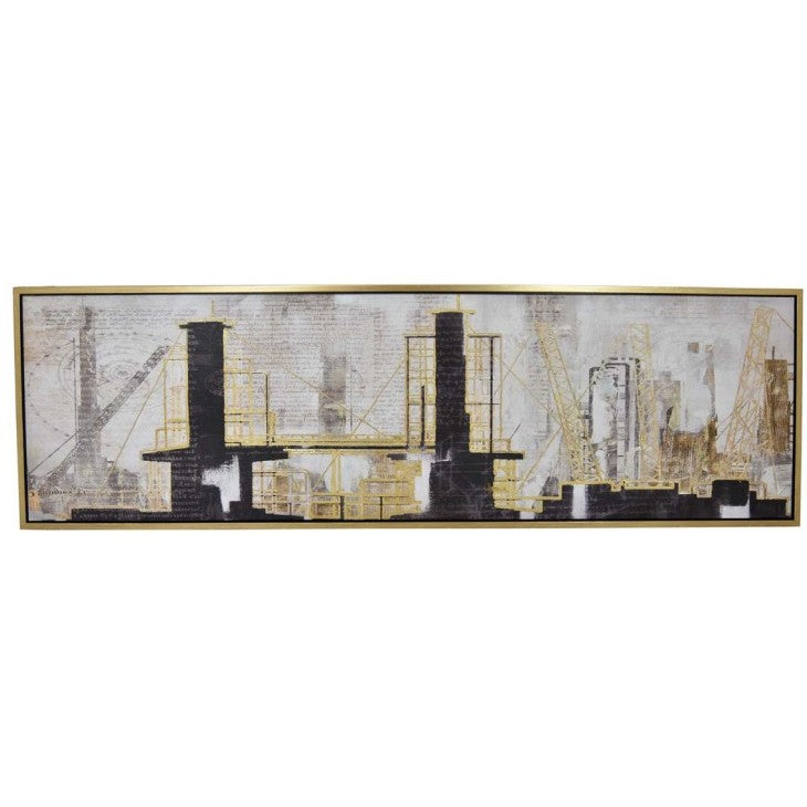 Black and Gold City Framed Oil Painting 79"W x 24"H