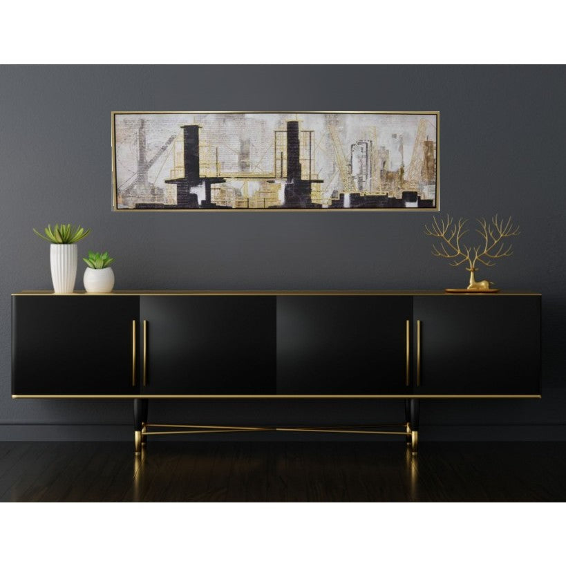Black and Gold City Framed Oil Painting 79"W x 24"H