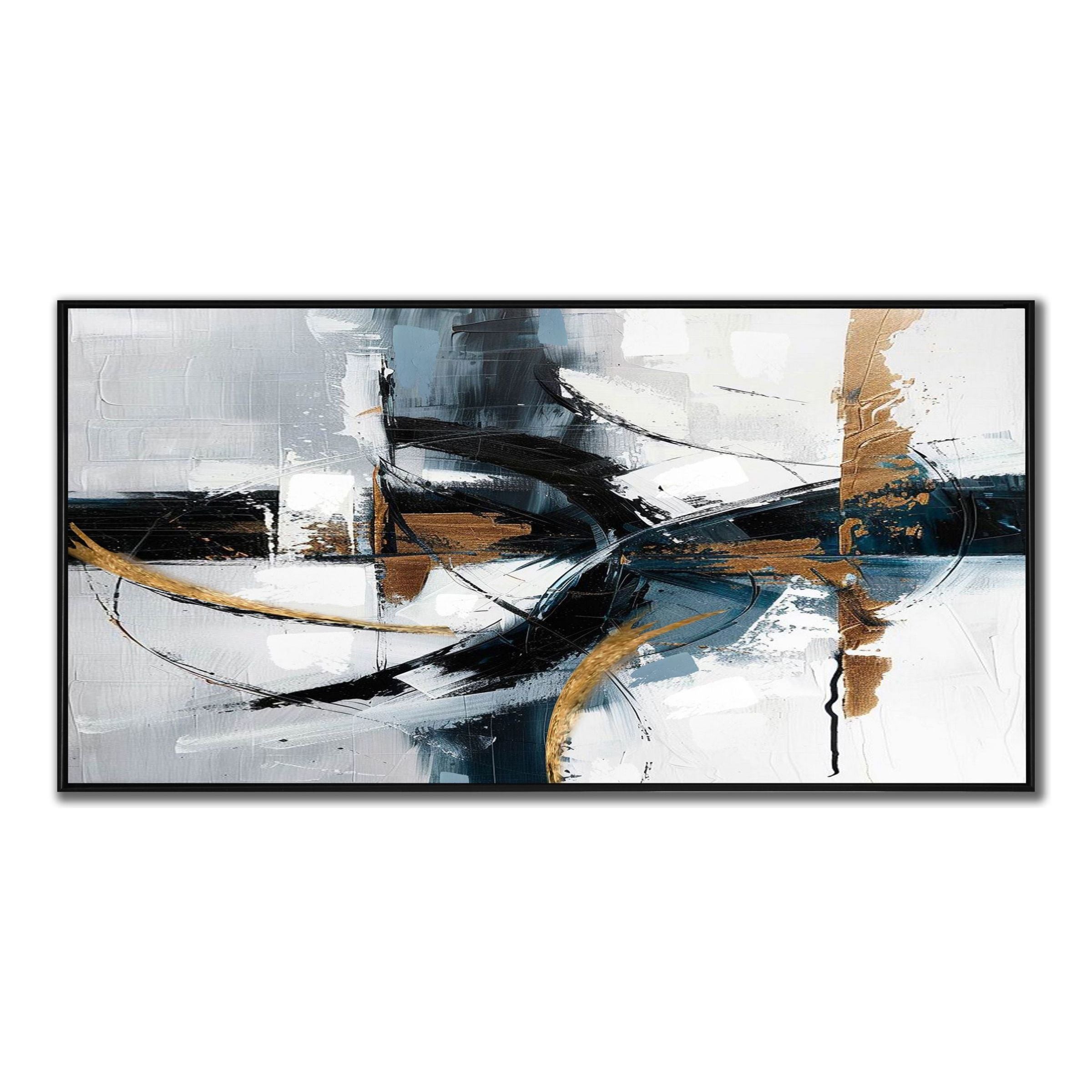 Abstract painting with black, white, blue, and gold brush strokes.