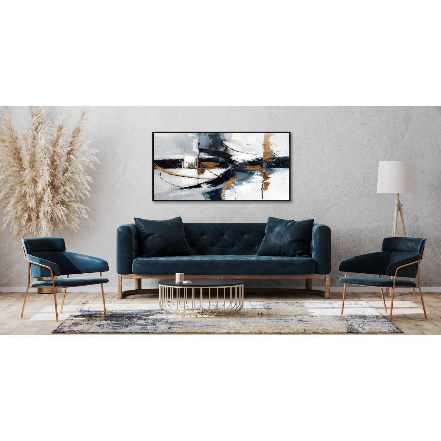 Modern living room with blue sofa, abstract wall art, accent chairs, and contemporary decor.