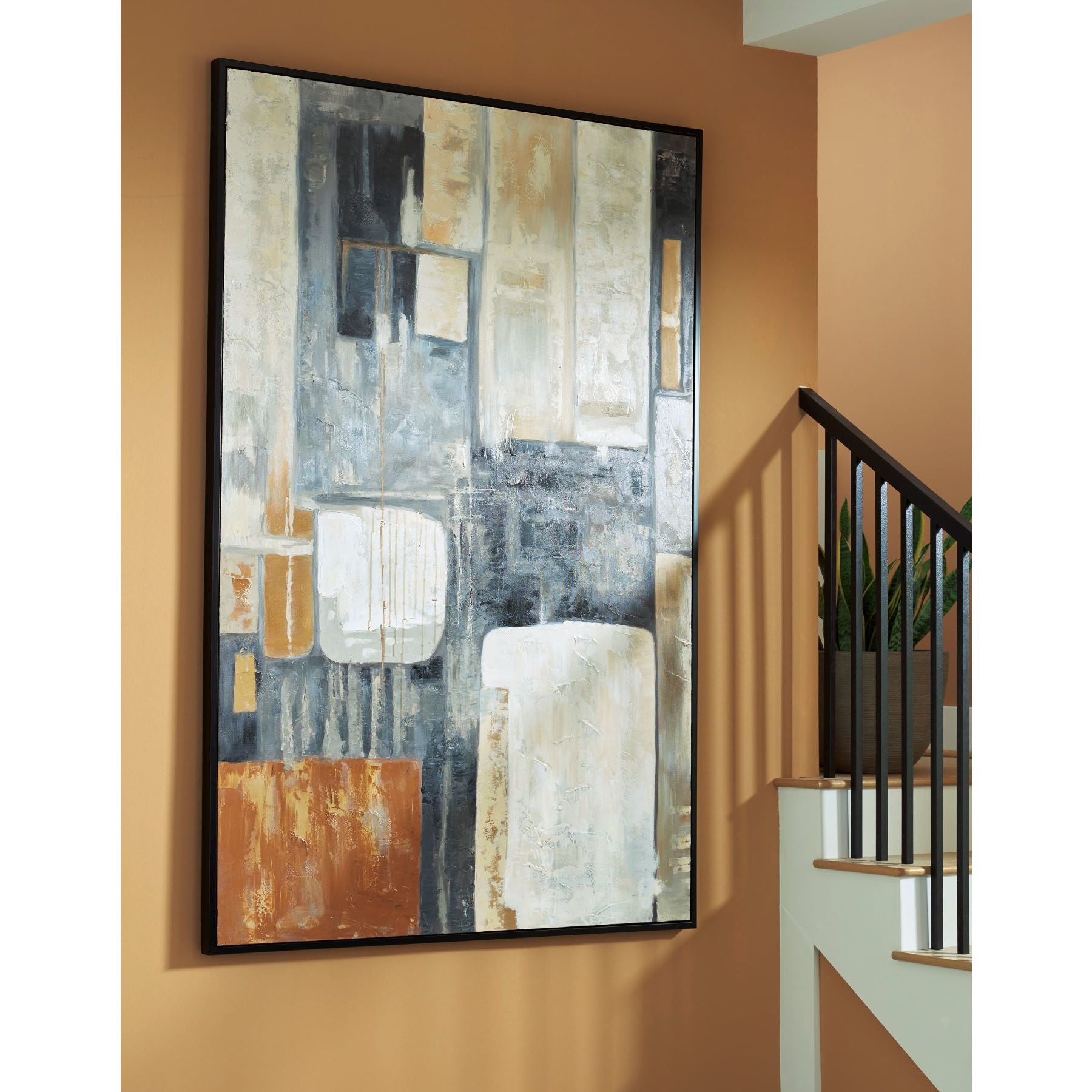 Brown, Black, and Grey Abstract Hand Painted Framed Canvas 48"W x 72"H