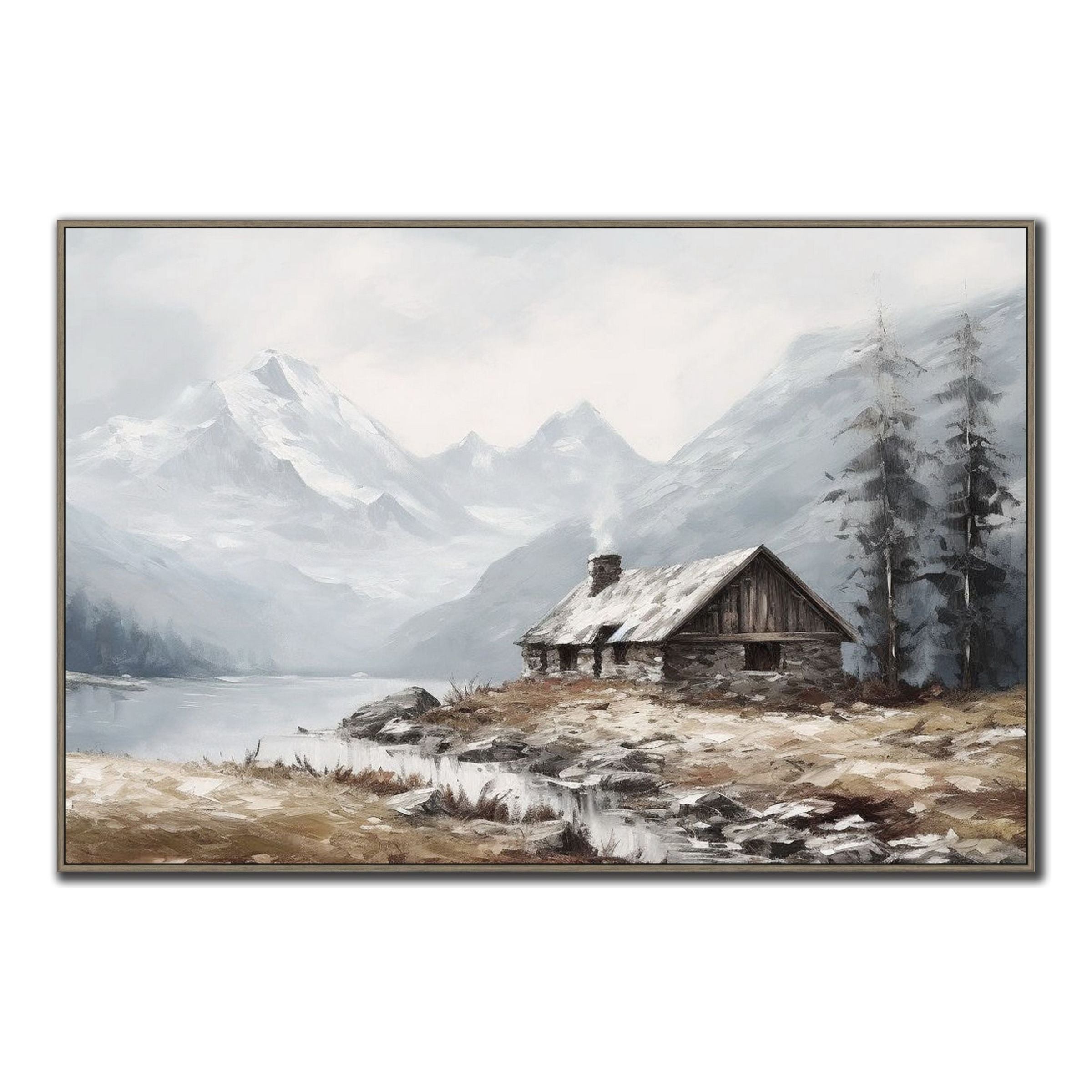 Painting of a snowy mountain cabin by a lake with pine trees in the background.