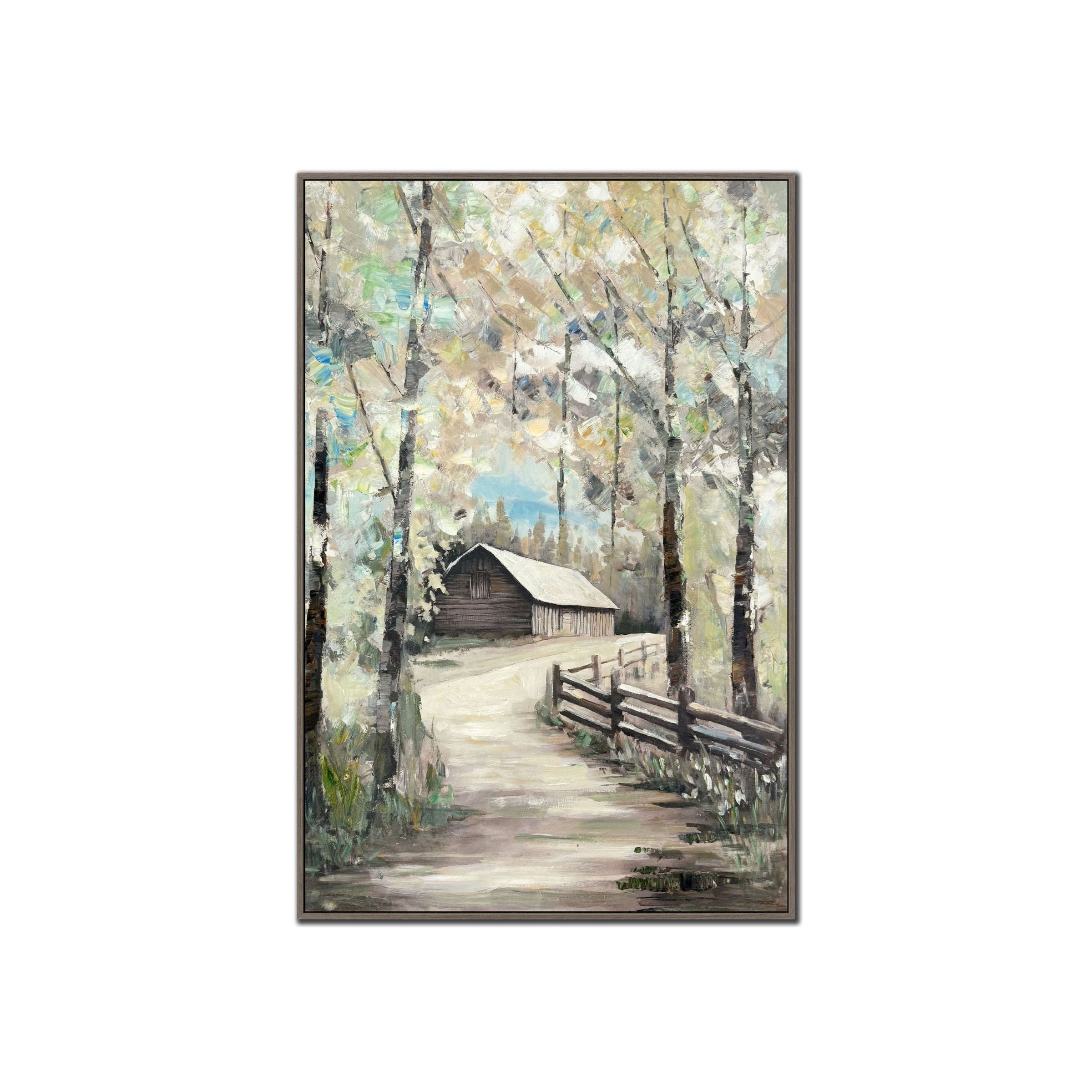 Cabin In The Woods Hand Embellished Framed Canvas 30"W x 45"H
