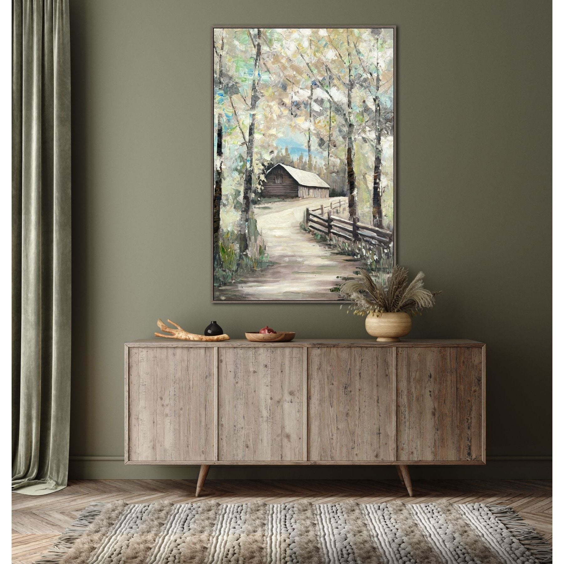 Cabin In The Woods Hand Embellished Framed Canvas 30"W x 45"H