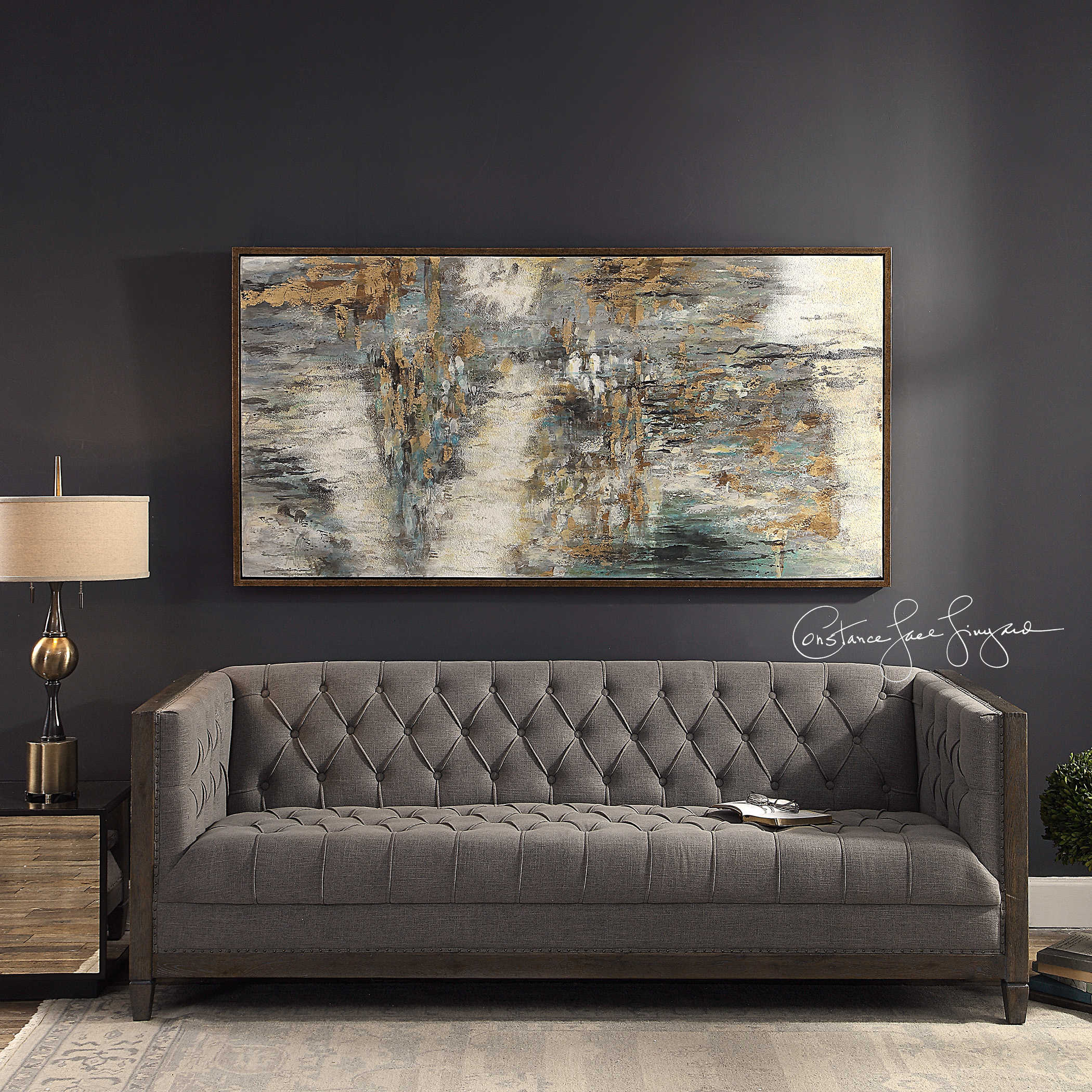 Green, Grey, and Gold Hand Painted Abstract Framed Canvas Art 70"W x 36"H